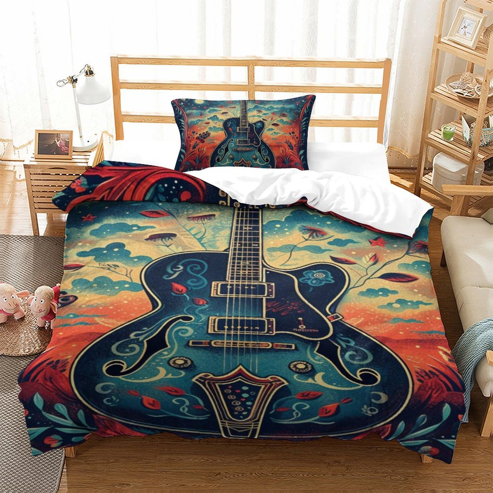 GTDKSUEVG 3D Printed Quilt Cover Guitar 2 Pieces Bedding Soft Microfiber with Zipper Closure，Pillowcases for Kids Girls Boys Adults Bedroom Single（135x200cm）