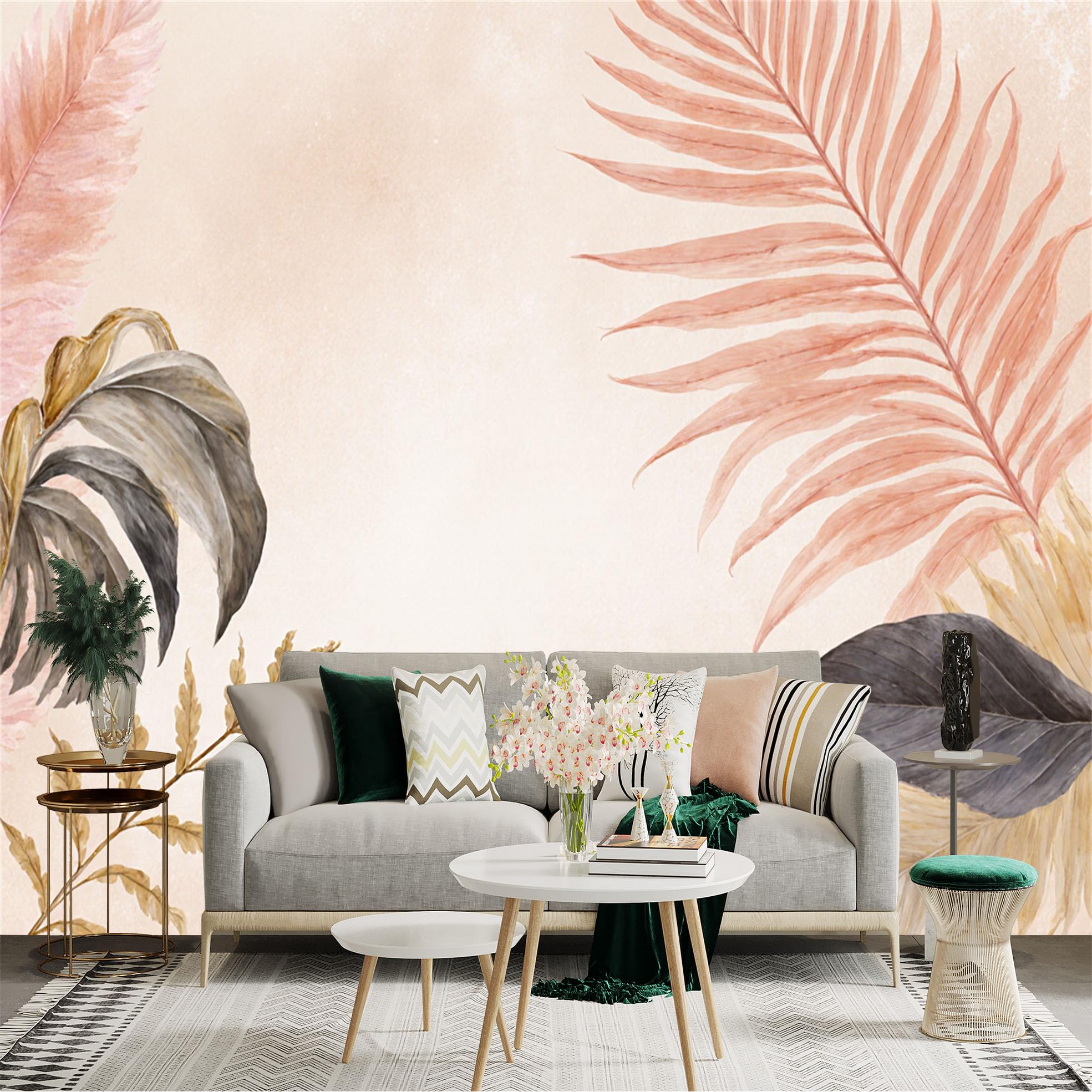 Custom Size Wall Sticker Mural， Beige Minimalist Tropical Palm Leaves， Watercolor Boho Botanical Art， Abstract Plant Elements， for wall Decoration， peelandstick wall Decals.