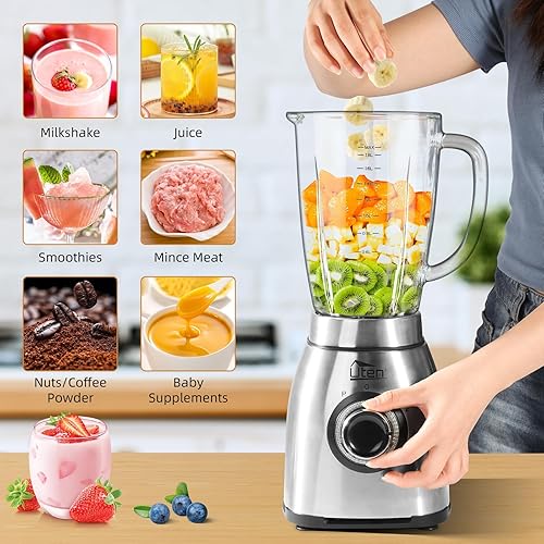 Miniatura 7 de Uten Licuadora de encimera de alta velocidad de 800 vatios para batidos y batidos, granos de café molidos, frasco de vidrio de 60 onzas, 5 ajustes