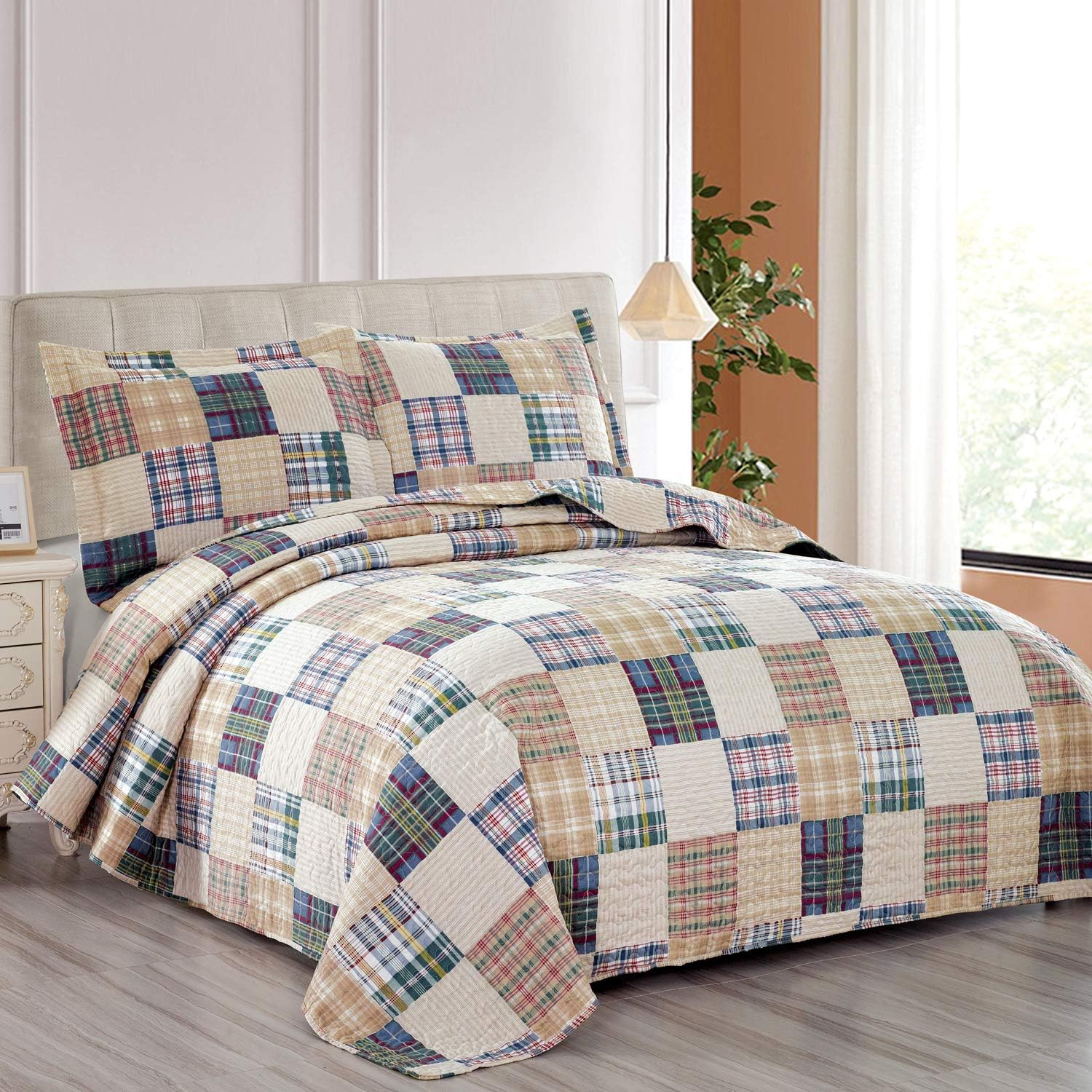 HaileaBeige Plaid Quilt Set King Size Country Patchwork Bedding Quilt Lightweight Reversible Bedspread Coverlet with Sham Soft All Season Bed Coverlet Set