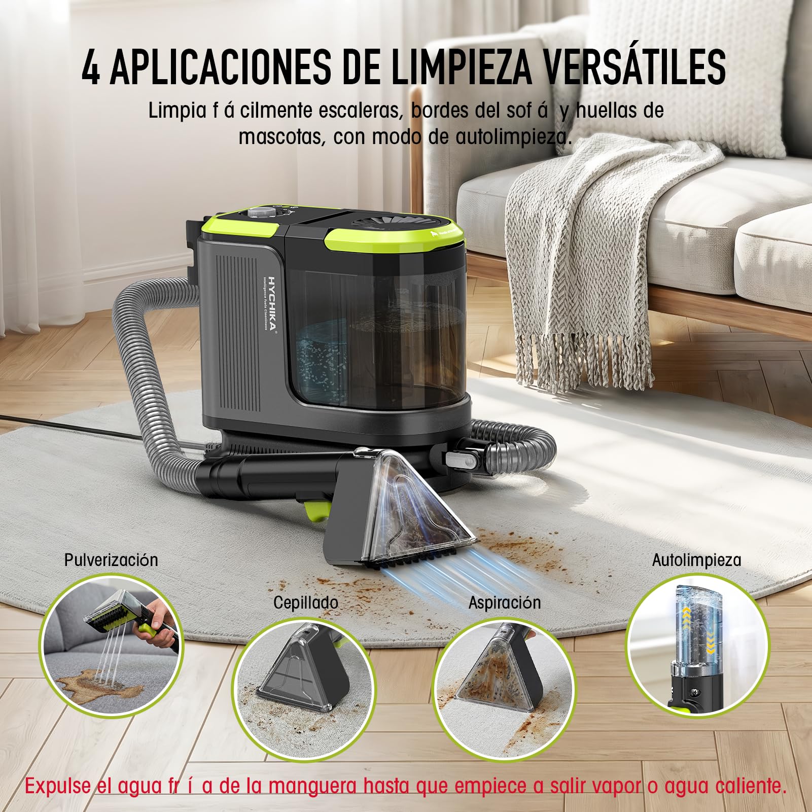 HYCHIKA Limpiador de Tapicerías con Aspiración y Lavado 1800W | 17 kPa, Limpiador de Alfombras con Lavado y Aspiración, Limpiador Textil Portátil, Quitamanchas para Sofá, Tapicerías y Coche