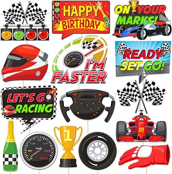 Race Car Photo Booth Props,15 Pcs Lets go Racing Party Supplies,Funny Party Favors Supplies for Men Birthday Selfie Props