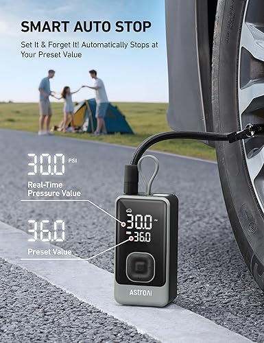 Miniatura 8 de AstroAI Compresor de aire portátil con inflador de neumáticos L7, bomba eléctrica inalámbrica de 150 PSI con inflado rápido de 1 minuto, apagado