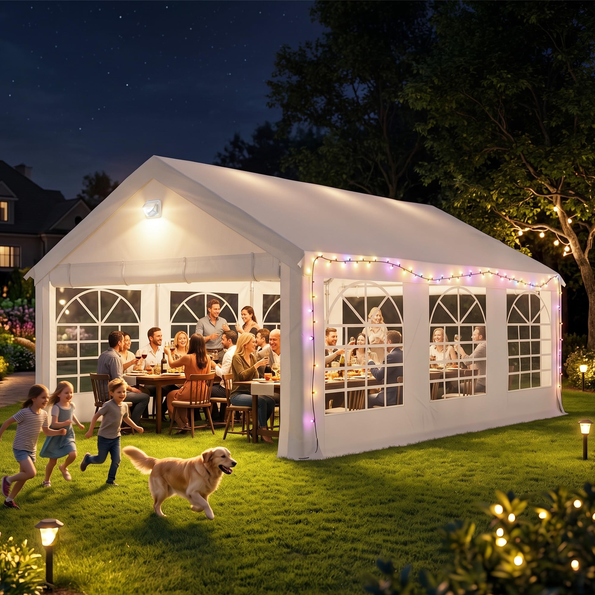 Outsunny Carpa para Fiesta 4x6 m con Luces LED, Tiras, Carpa de Jardín con Estructura Acero Galvanizado, Paredes Laterales Extraíbles, 2 Puertas con Cremallera, Ventanas, UPF30+, para Eventos, Blanco