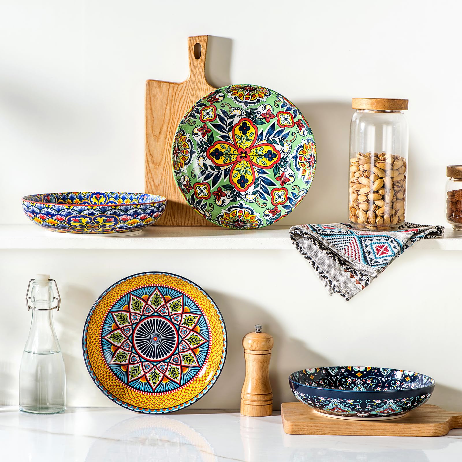 HENXFEN LEAD Saladiers 1330 ml, assiettes creuses, assiettes à pâtes, lot de 4 en porcelaine, grands plats de service colorés pour pâtes, nouilles, salade, soupe, style bohème