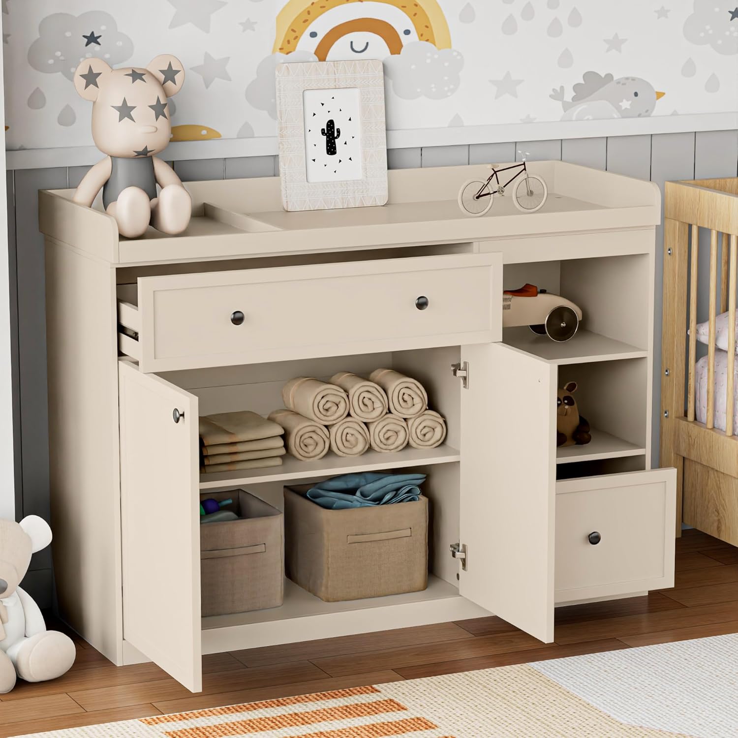 UbabyNest Wide Changing Table with 2 Doors, 2 Different Size Drawer&Storage Cubbies, Durable Wood Construction, Built-in Shelves for Ample Storage (Beige)