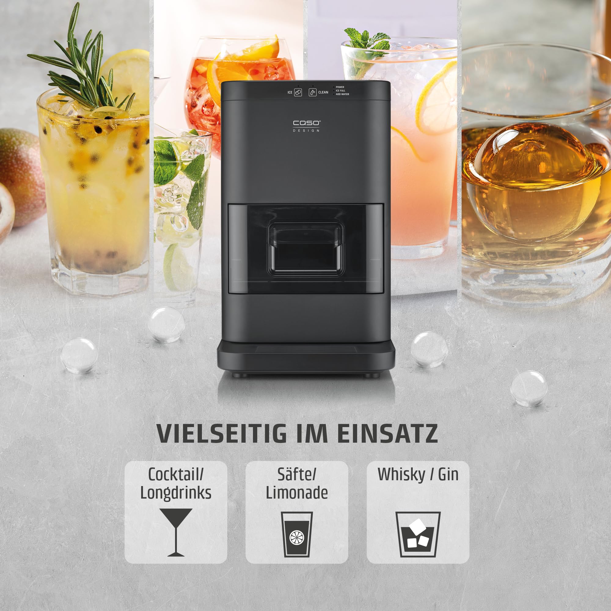 CASO IceBall Pro Eiskugelbereiter mit Kompressor – Kristallklare Eiskugeln 50–55 mm, 2 Kugeln/Stunde, 1,3 l Wassertank, Selbstreinigung, LED-Anzeige, mattschwarz