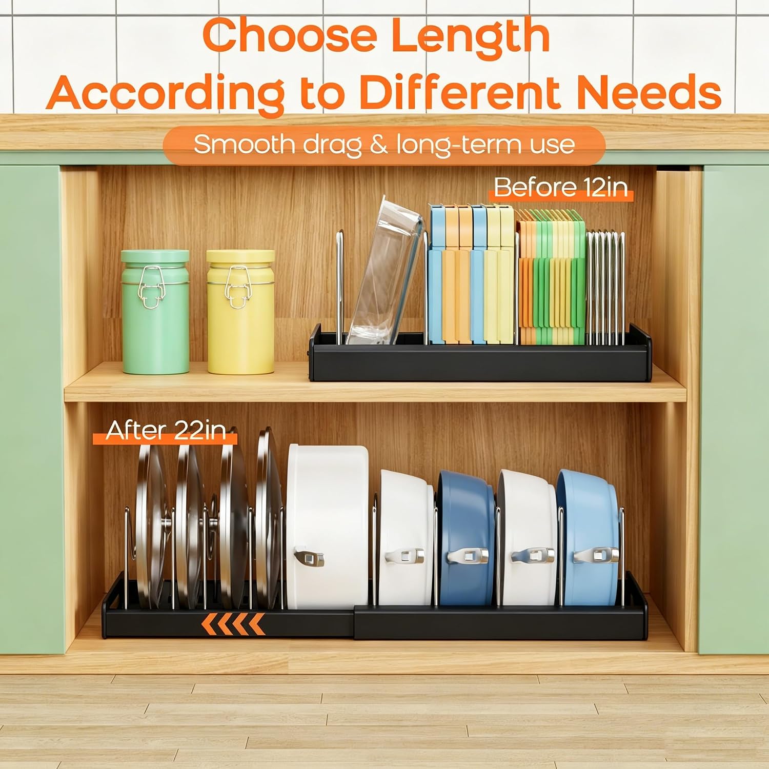 Nigelia 2 Pack Pots and Pans Organizer for Under Cabinet, 22" Expandable Food Storage Container Lid Organizers with 10 Adjustable Dividers Pot Lid Holders Rack Inside Cabinet&Kitchen Countertop(Black)
