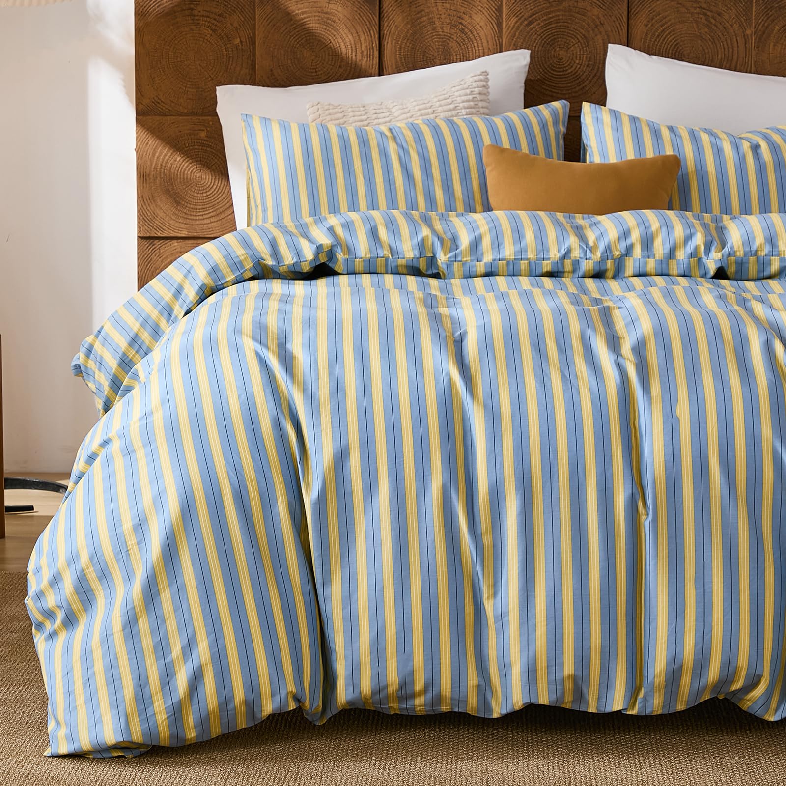 Merryword 100% Cotton Duvet Cover Set Queen Size Blue and Yellow Striped Bedding Set