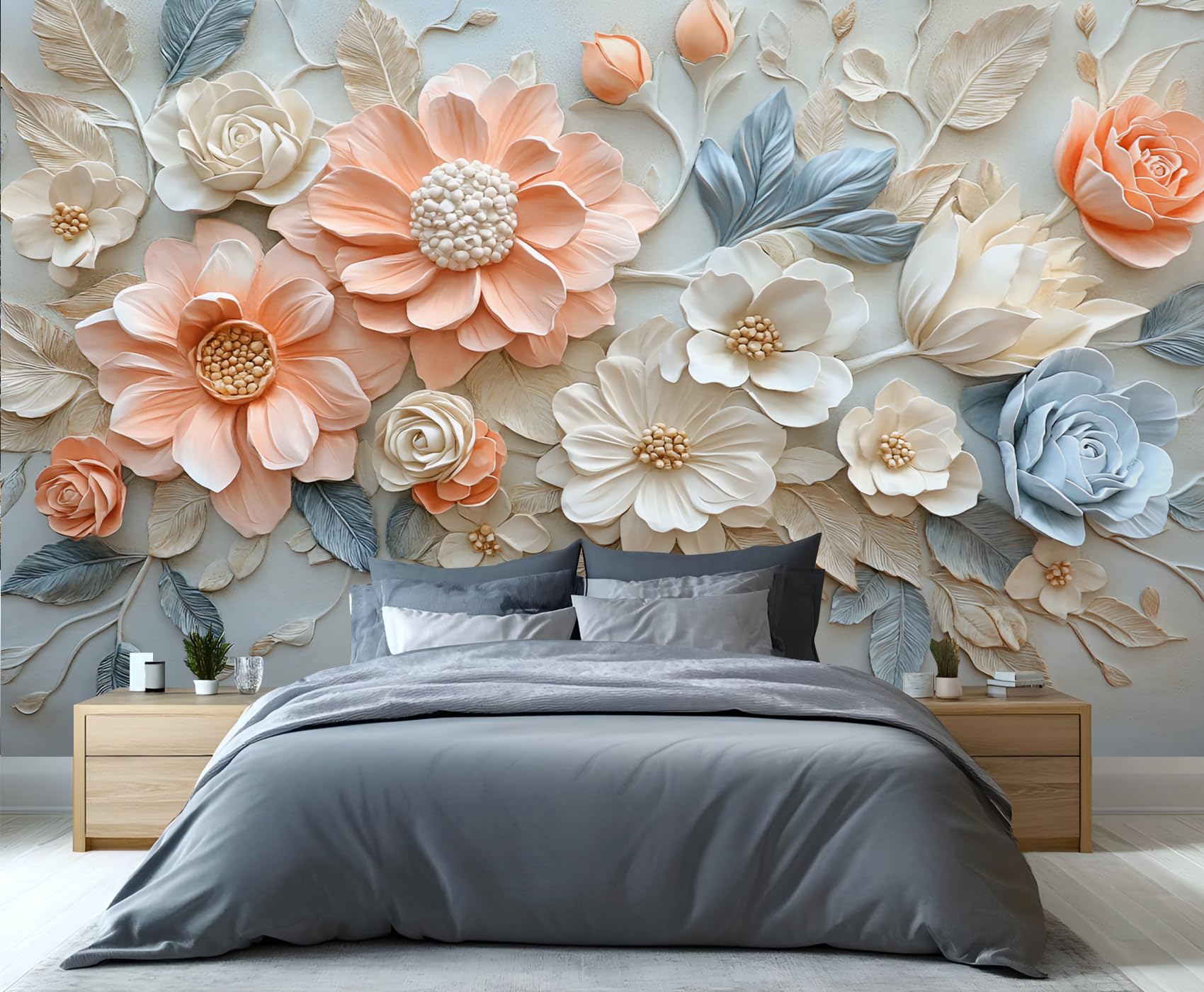 YXQAIED Floral Wallpaper, Embossed Flowers Wallpapers for Living Room, Not Self Adhesive Multi-Colored Roses Bedroom Wallpaper, Bright Plant Leaf Photo 3D Wall Murals & Room Decor, 390x260cm
