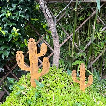 2PCS Rusty Cactus Decorative Garden Stakes, Metal Yard Art Outdoor Decor