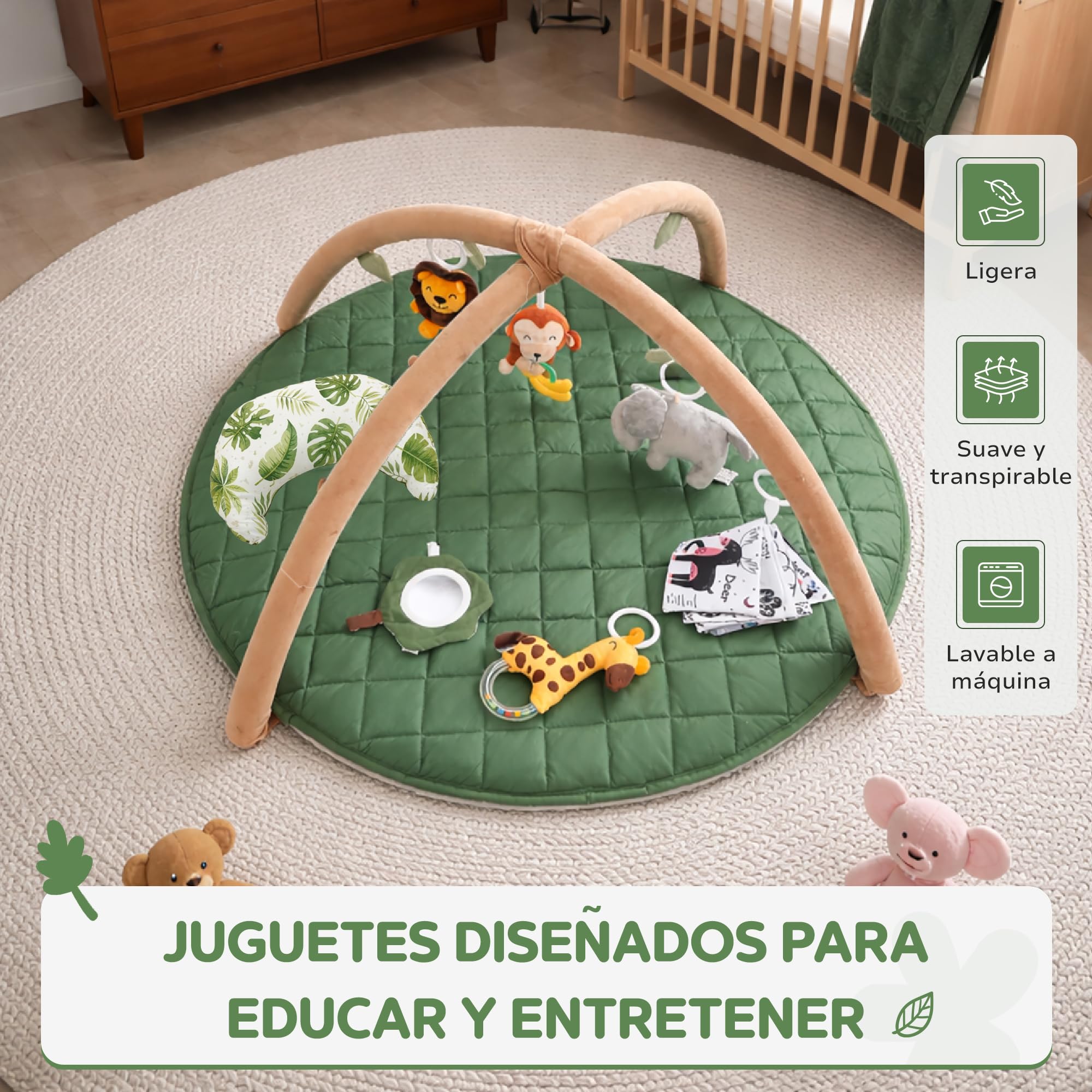 Gimnasio de Actividades con Alfombra Acolchada Jungla con 6 Juguetes y Almohada - Bebes