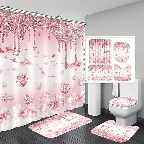 AZHM 4 Pcs Glitter Diamond Shower Curtain Sets Rose Gold Bathroom Decor Set with Shower Curtain and Rugs and Accessories Bling Modern Fashion Bathroom Curtain with 12 Hooks
