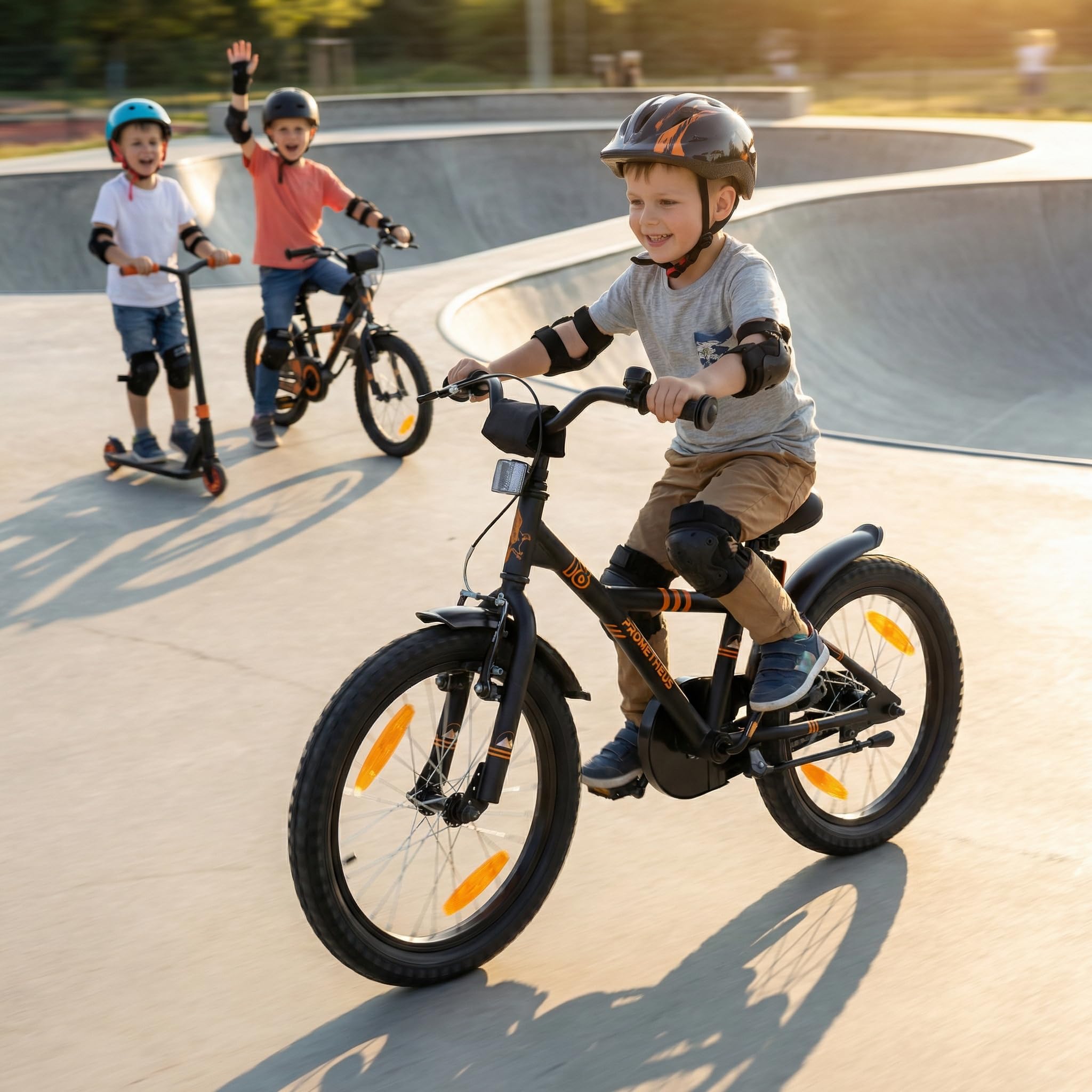 PROMETHEUS BICYCLES bicicletta bambina 6 anni bici per bambina bambino 18 pollici bimba con freno contropedale e V-Brake Nero Arancione