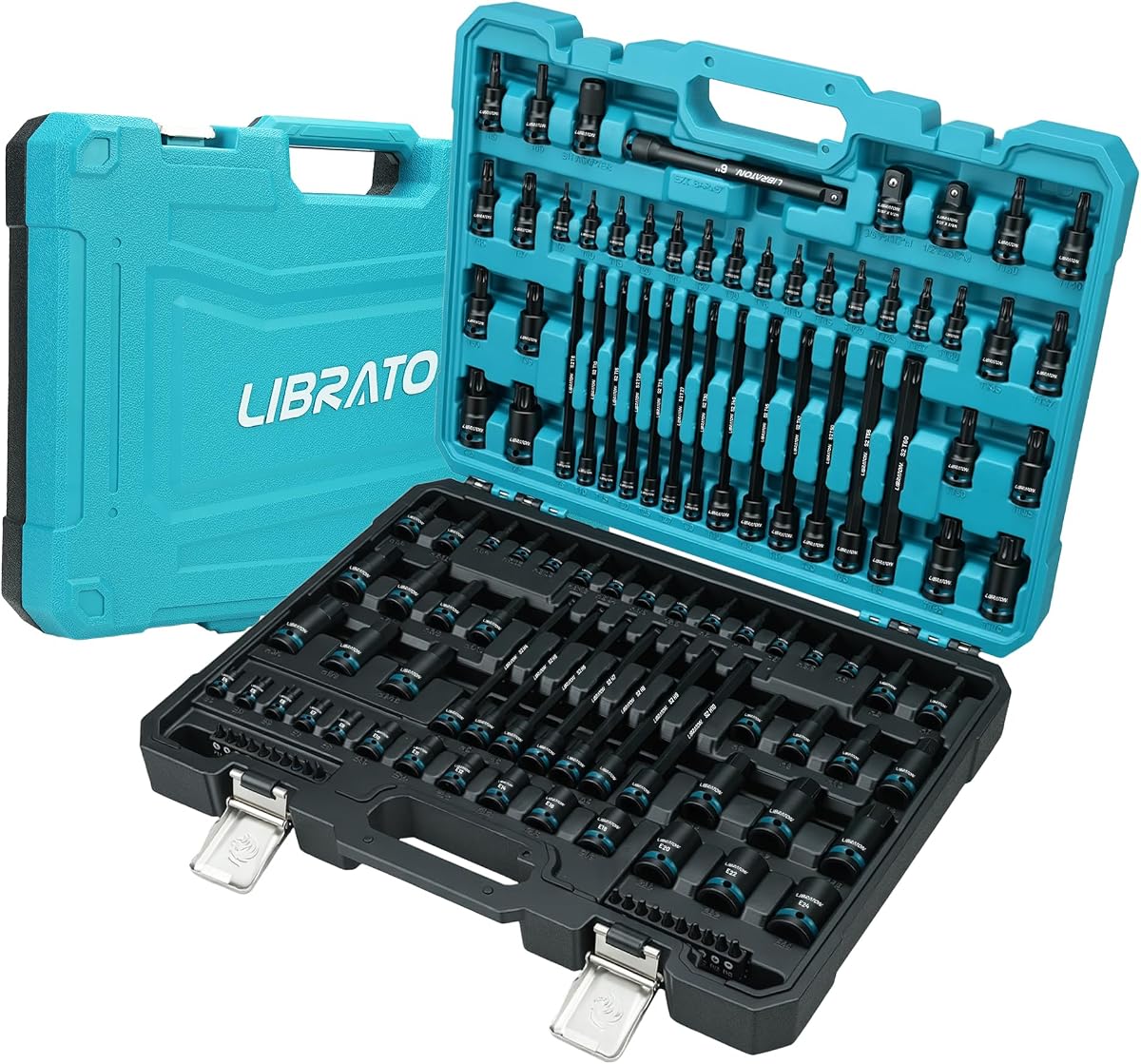 LIBRATON Juego de llaves de vaso con puntas Allen y Torx de 118 piezas, hexagonales y E-Torx listas para impactos | Juego de vasos Torx de seguridad, SAE y métricos, 1/4", 3/8" y 1/2", hexagonales con extremo esférico de largo alcance, adaptadores, juego de herramientas para mecánicos automotrices