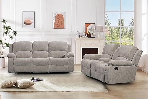 Miniatura 14 de Betsy Furniture Juego de sofá reclinable de microfibra suave, mesa abatible, consola portavasos, juego de sala de estar, sofá biplaza silla Gris