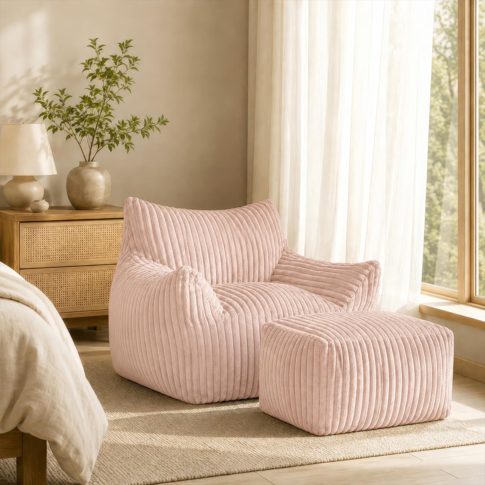 Pouf XXL pour adultes avec ottoman – Fauteuil inclinable ergonomique avec 5 zones de soutien, housse de cordon, rembourrage en mousse à rebond élevé, gain de place pour salon (rose)