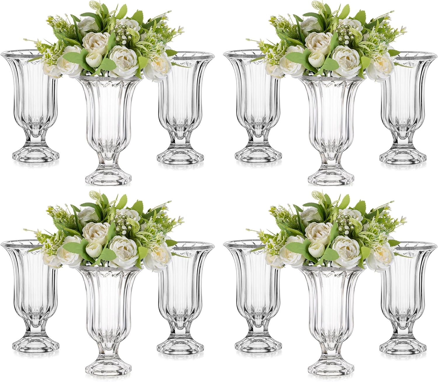 Glasseam Ribbed Glass Vase for Flowers, 7.5in Tall Vases for Centerpieces, Modern Crystal Clear Vase Set of 12, Decorative Flower Vases for Decor, Fluted Footed Urn for Wedding Dining Table Decoration 12 Large