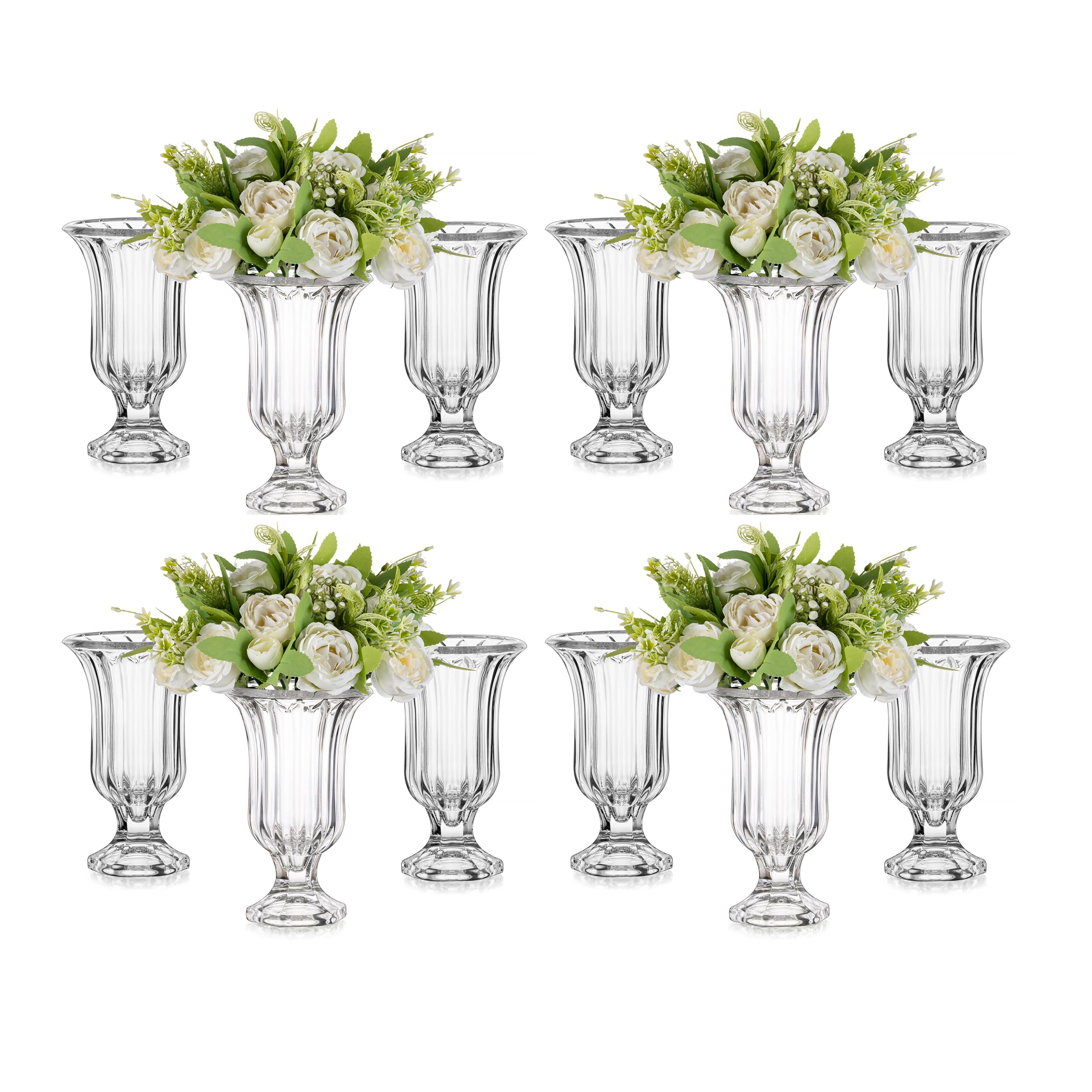 Glasseam Ribbed Glass Vase for Flowers, 7.5in Tall Vases for Centerpieces, Modern Crystal Clear Vase Set of 12, Decorative Flower Vases for Decor, Fluted Footed Urn for Wedding Dining Table Decoration