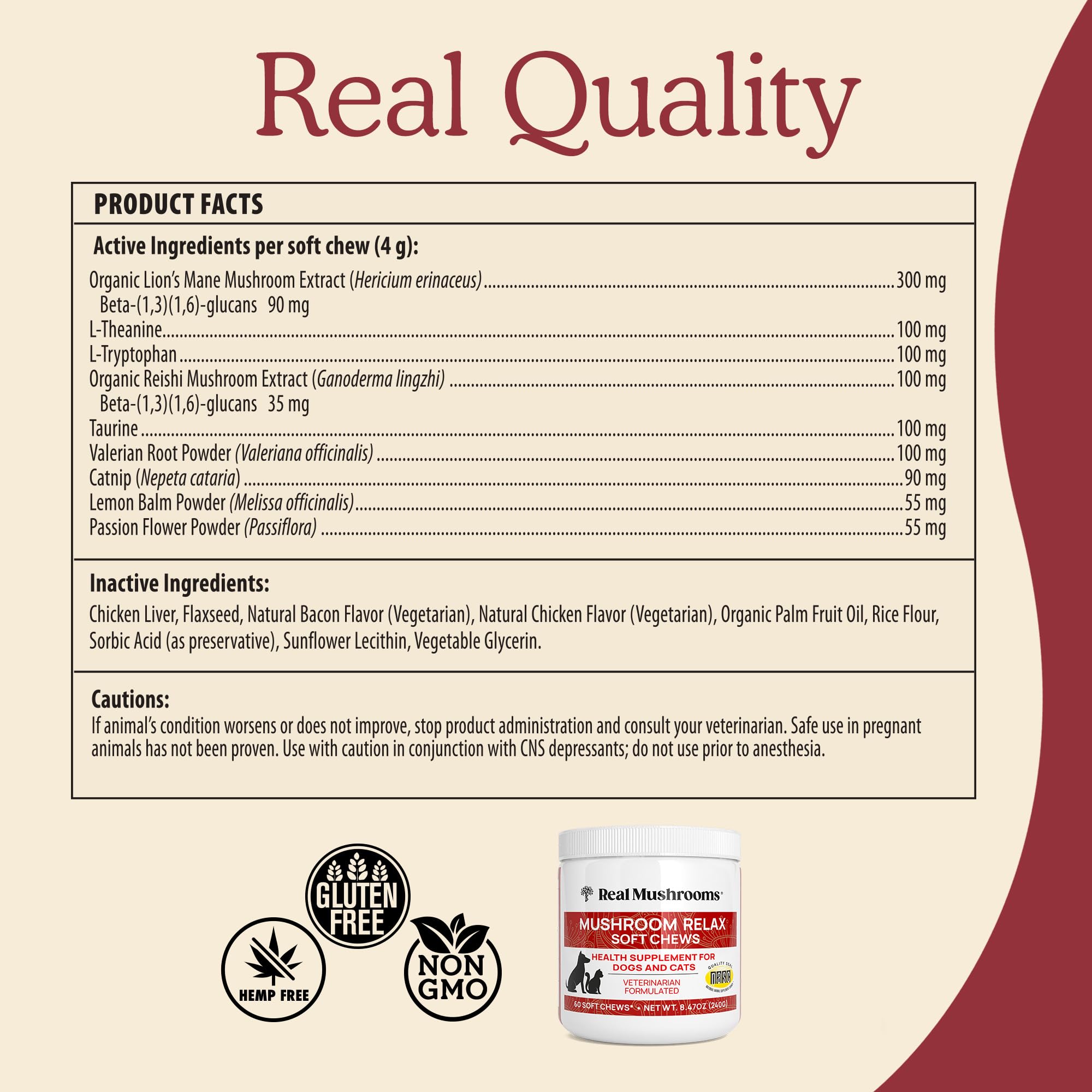 Real Mushrooms Masticables calmantes para perros, golosinas calmantes para gatos y perros, Reishi y melena de león, golosinas calmantes para perros, masticables calmantes para relajación, mordeduras