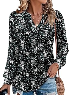 CHICZONE Women\'s Tunic Tops Puff Sleeve V Neck Pleated Blouses Casual Dressy Loose T-Shirts