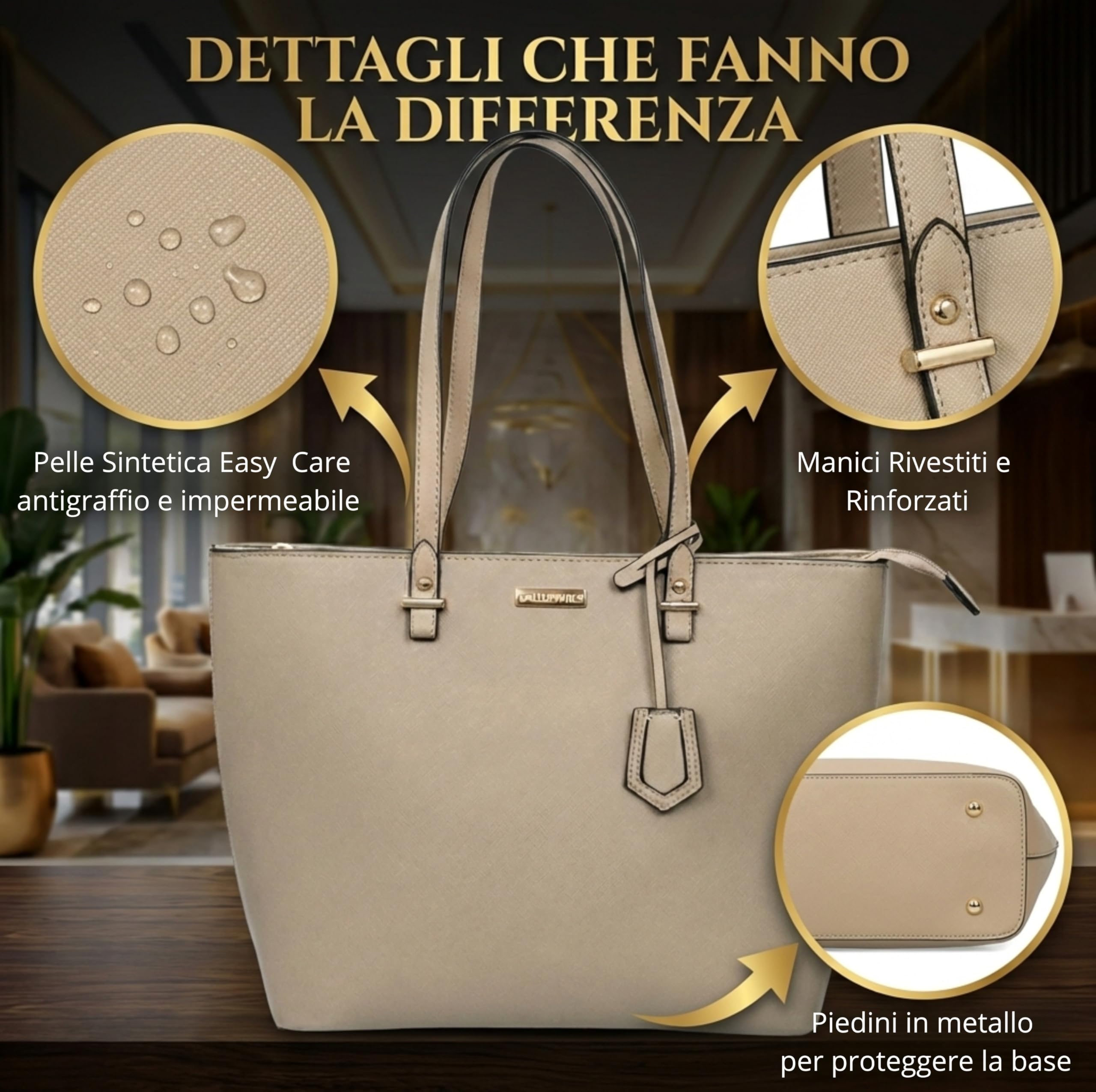 Gallup Divas Bolso de Hombro Mujer Negro con Cremallera Externa Diseño Clásico (Beige)