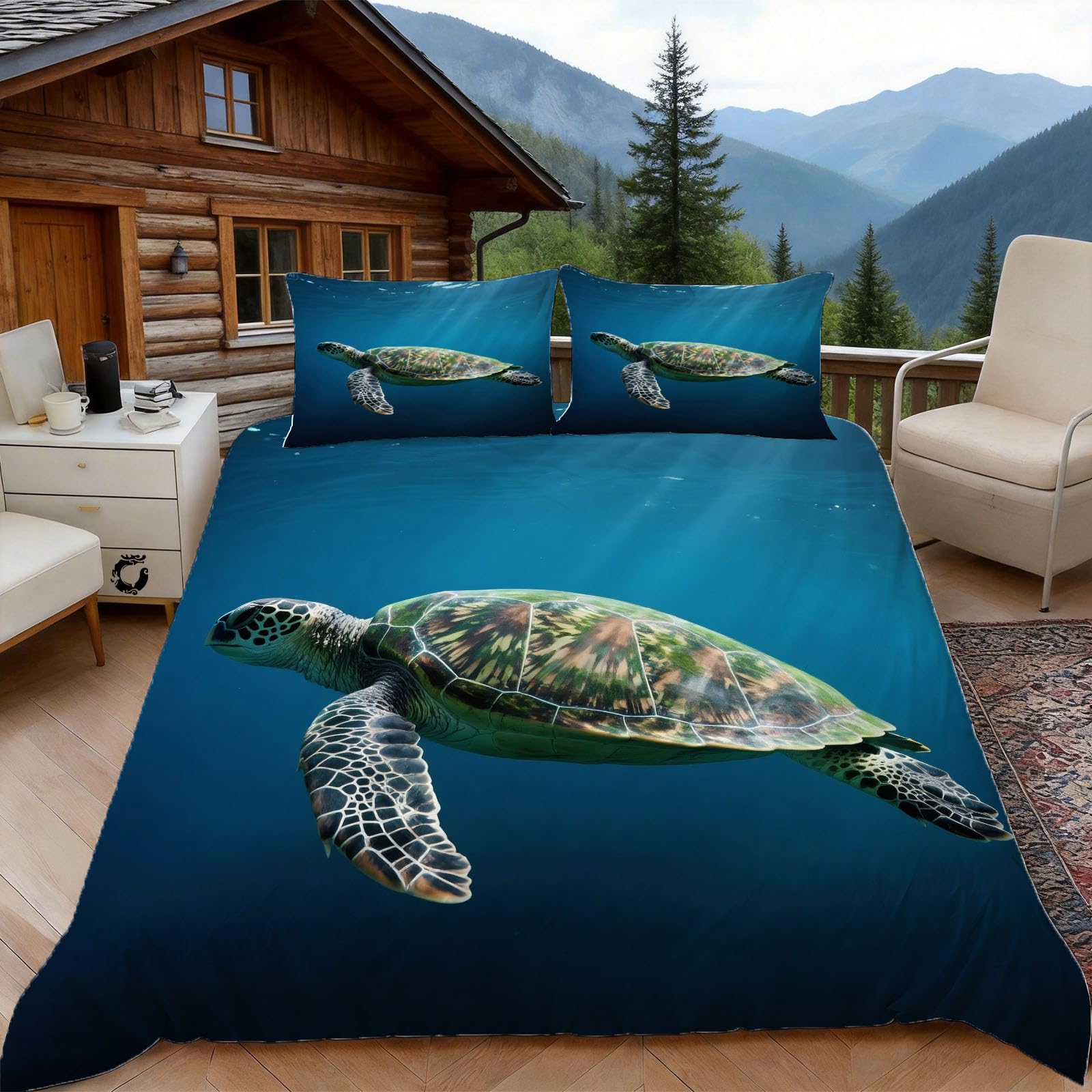 Housse de couette 240x260 tortue de mer pour grand lit double en microfibre avec ses taies