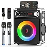 JYX Karaoke Machine with Two Wireless Microphones, Portable Bluetooth Speaker with Bass/Treble Adjustment, PA System with Remote Control, LED Lights,Supports TF Card/USB, AUX IN, FM, REC,TWS for Party