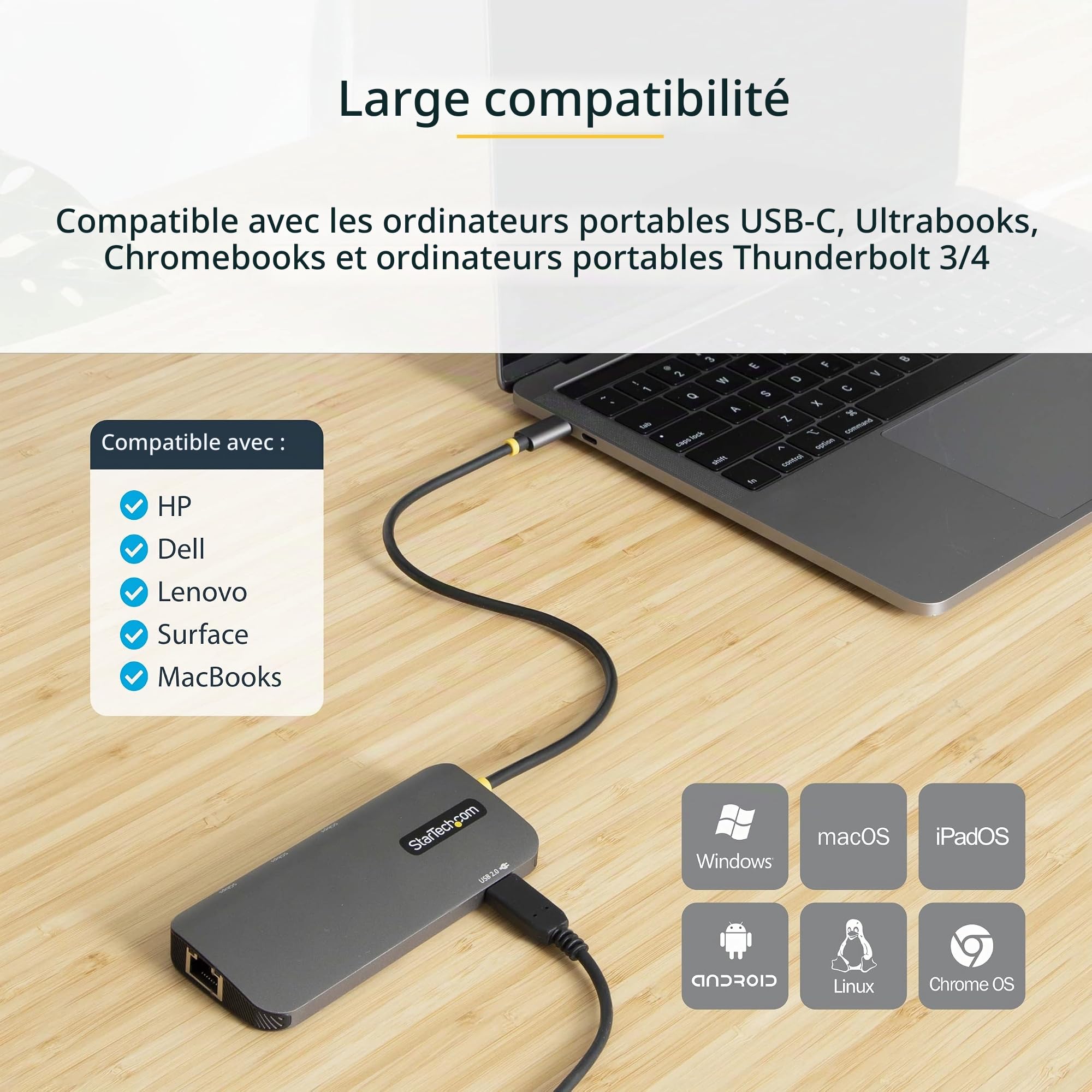 StarTech Hub USB-C 6-en-1, HDMI 4K HDR10, 3x USB-A 5Gbps, GbE, 100W