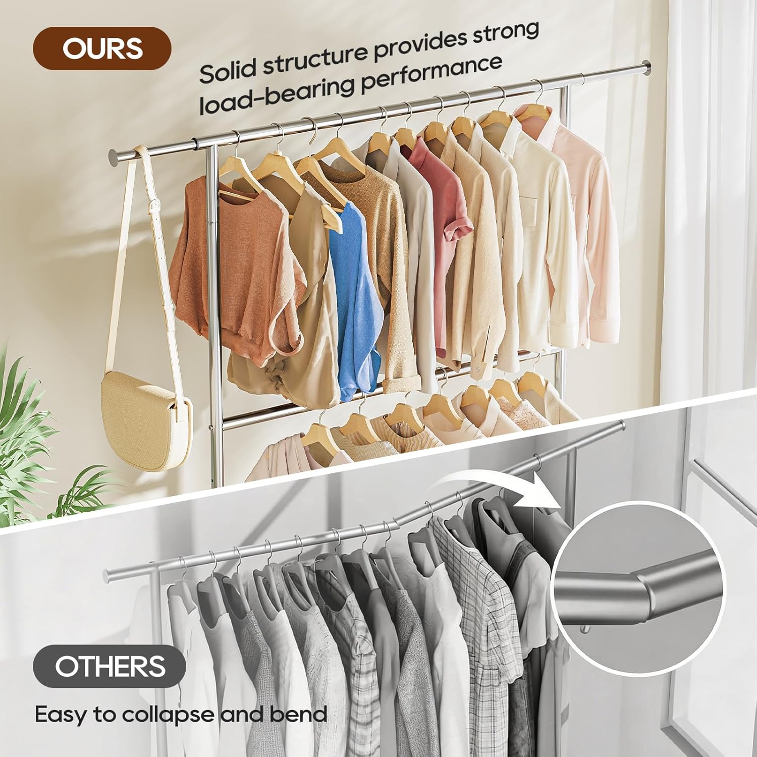 TigerParty Heavy Duty Clothes Rack for Hanging Clothes, Adjustable 2-Tier Double Rod Garment Rack with 750LBS Load Capacity, Freestanding Clothing Rack with Wheels & Bottom Storage Shelf