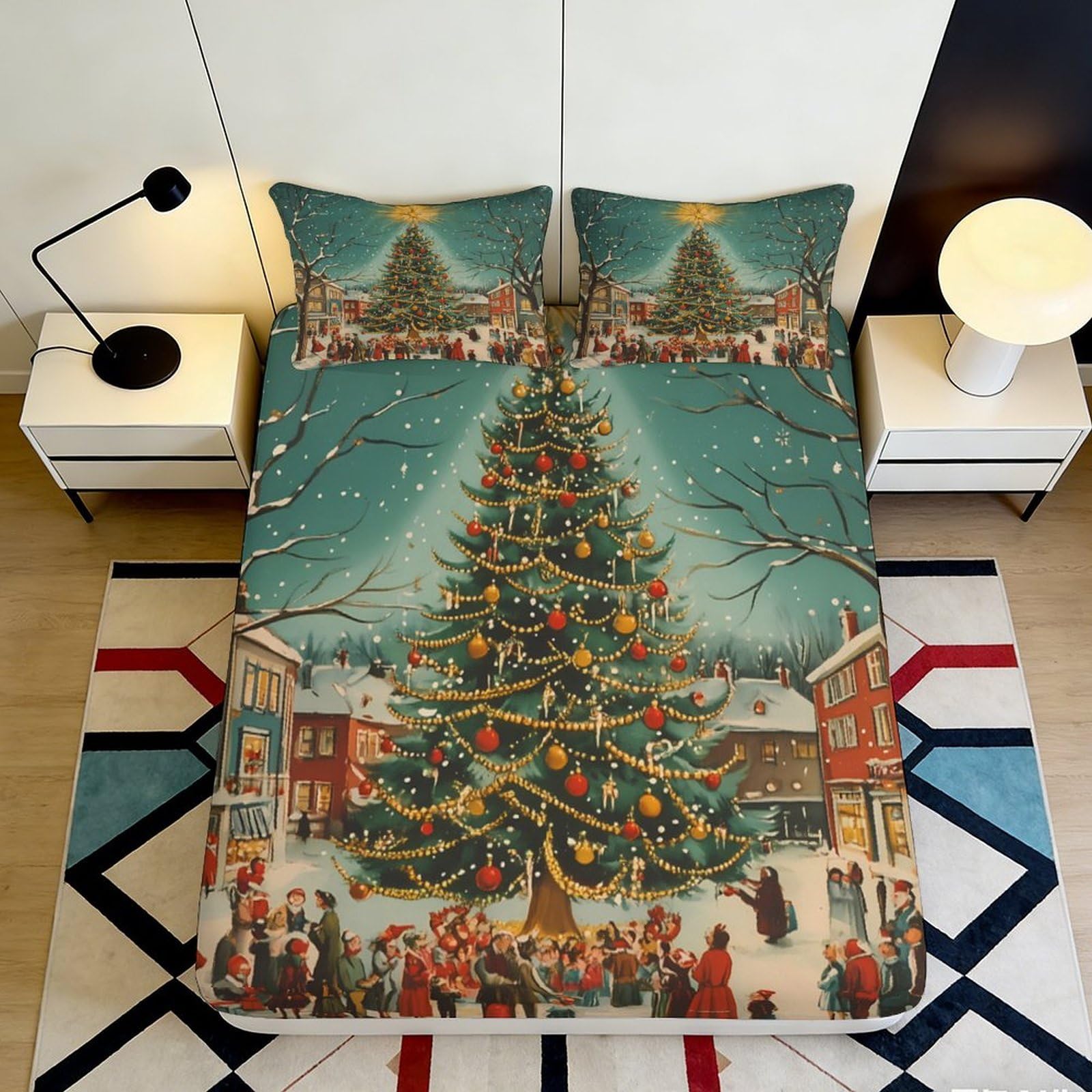 3D Printed Christmas Tree Fitted Sheet Microfiber Soft Anti-slip Winter Village Bed Cover for Bedroom Guestroom 90x200x25cm