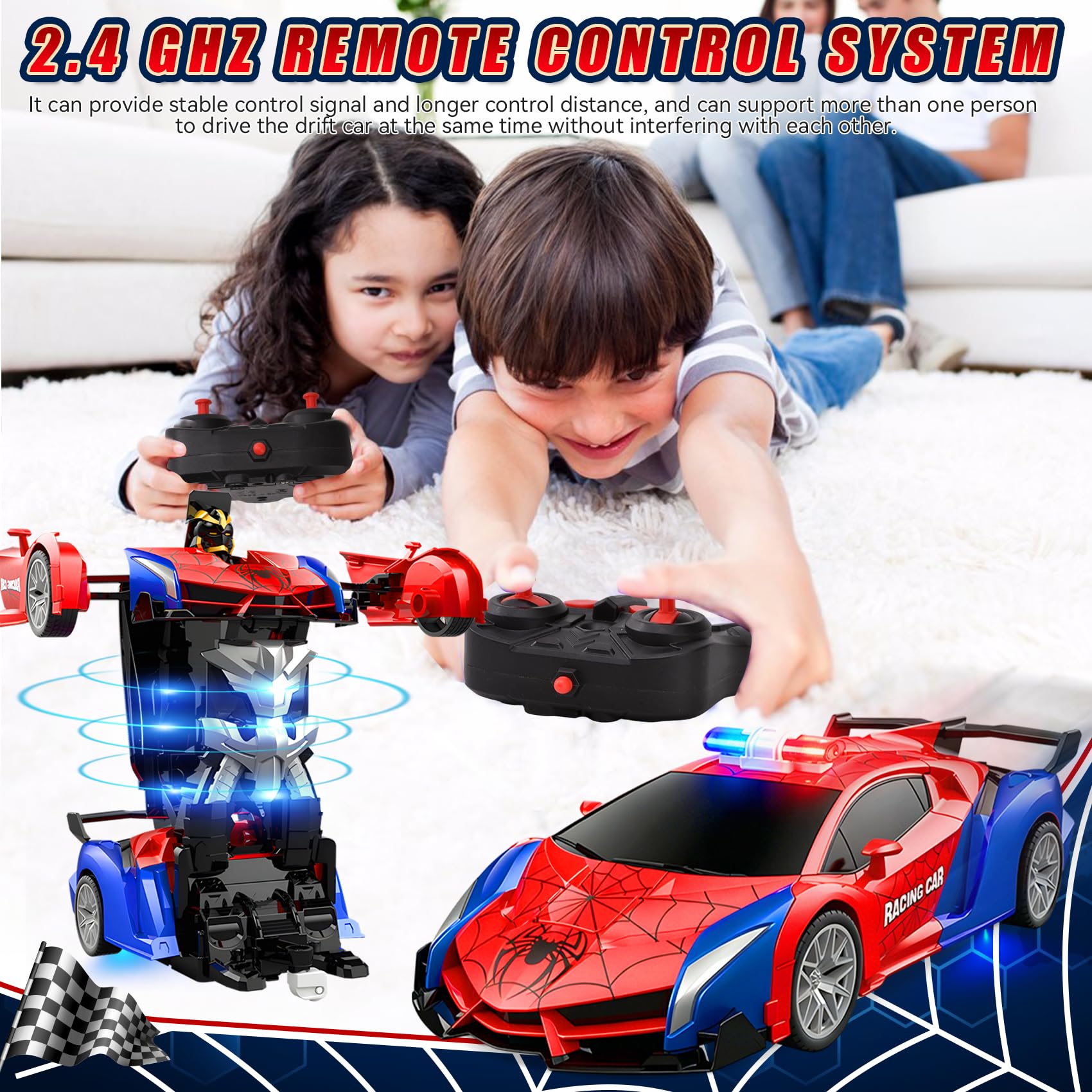 Macchina Telecomandata Spider, 2.4GHz Robot Trasformabile Spider RC Auto con Telecomando, 2 in 1 Macchina Polizia Giocattolo Bambini con Luce Lampeggiante, Auto Robot Trasformabile per Bambini