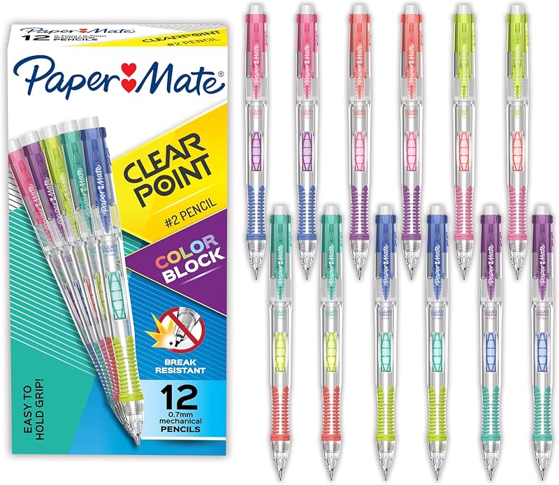Lápices mecánicos Paper Mate Clearpoint, edición de bloques de color, mina HB #2 (0,7 mm), 12 unidades - Regreso a la escuela, suministros de oficina divertidos