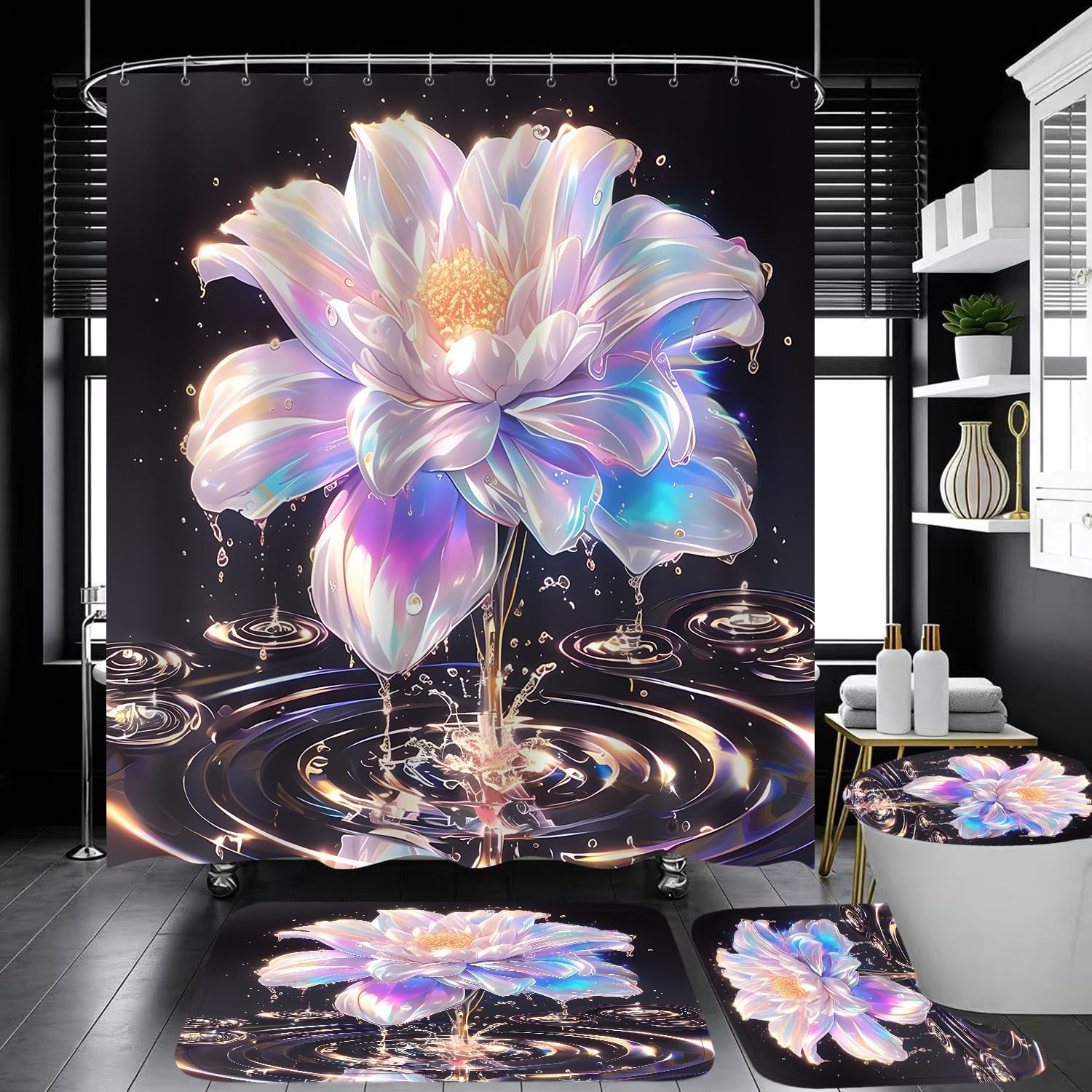 4PCS Rose Gold Flower Leaves Bathroom Set with Shower Curtain and Rugs, Botanical Floral Shower Curtain Sets with Rugs for Bathroom Decor, Durable Black Shower Curtain for Bathroom Set