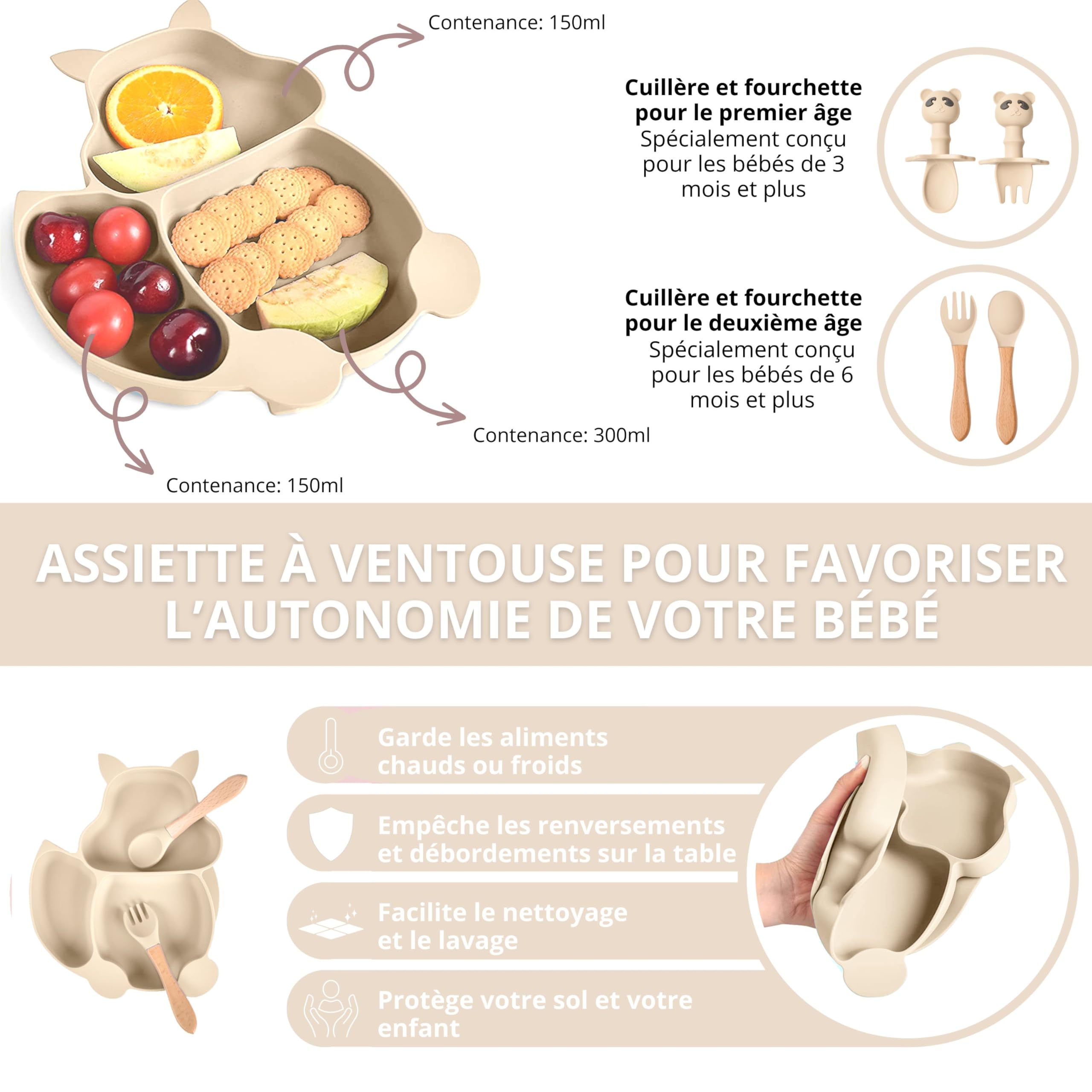 TudoBem Coffret Repas Bebe Accessoire 8 Pièces Set Vaisselle Bebe 1er age Assiette Bebe Bol Ventouse Bébé Cadeau Bebe Garcon Vaisselle Enfant Complete Beige