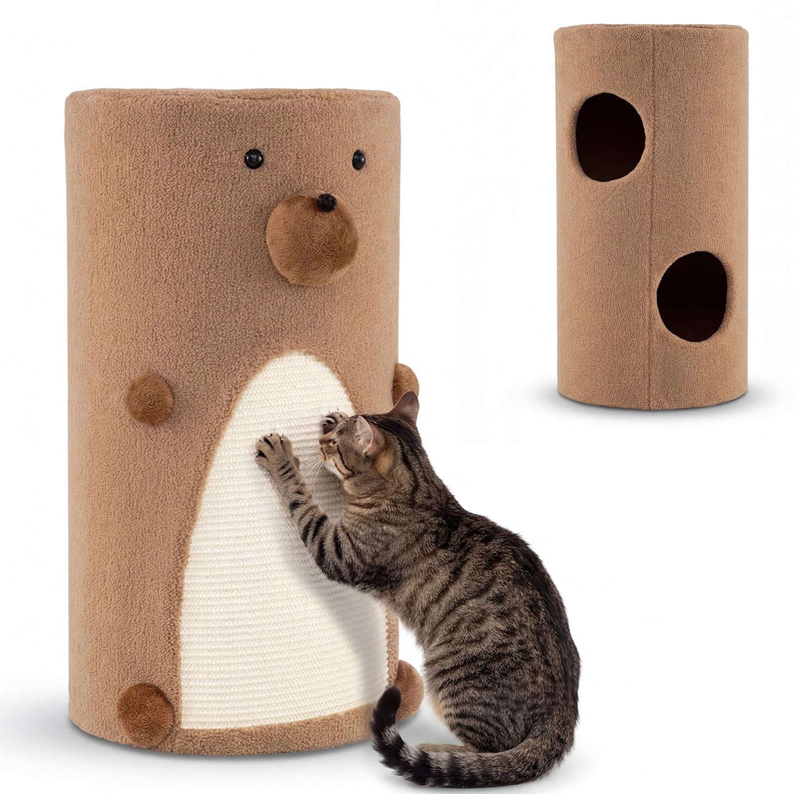 Kratztonne für Katzen 66 cm Hoch Ø 16,5 cm, 2-stöckige Katzentonne mit Sisal-Kratzmatte，Plüsch Katzenhöhle & Versteckte Höhle, Fassförmiges Katzenmöbel mit Bärenakzenten für Welpen, Kaninchen & Katzen