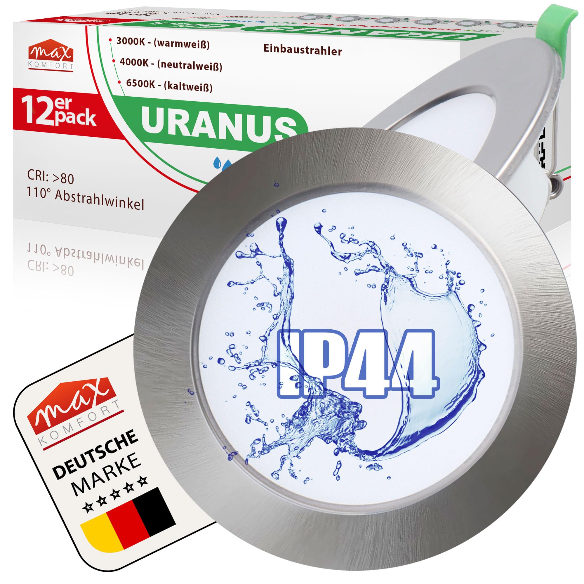 Maxkomfort LED Einbaustrahler flach 12x 4 Watt SET Bad URANUS | IP44 110° 290lm 68mm|Warmweiß Neutralweiß Kaltweiß | Feuchtraum, Edelstahl-Optik