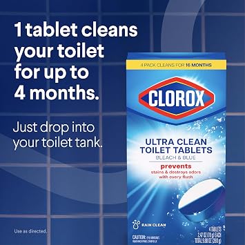 Clorox Ultra Clean Toilet Tablets Bleach & Blue, Rain Clean Scent, 2.47 Ounces Each, 4 Count (Package May Vary)
