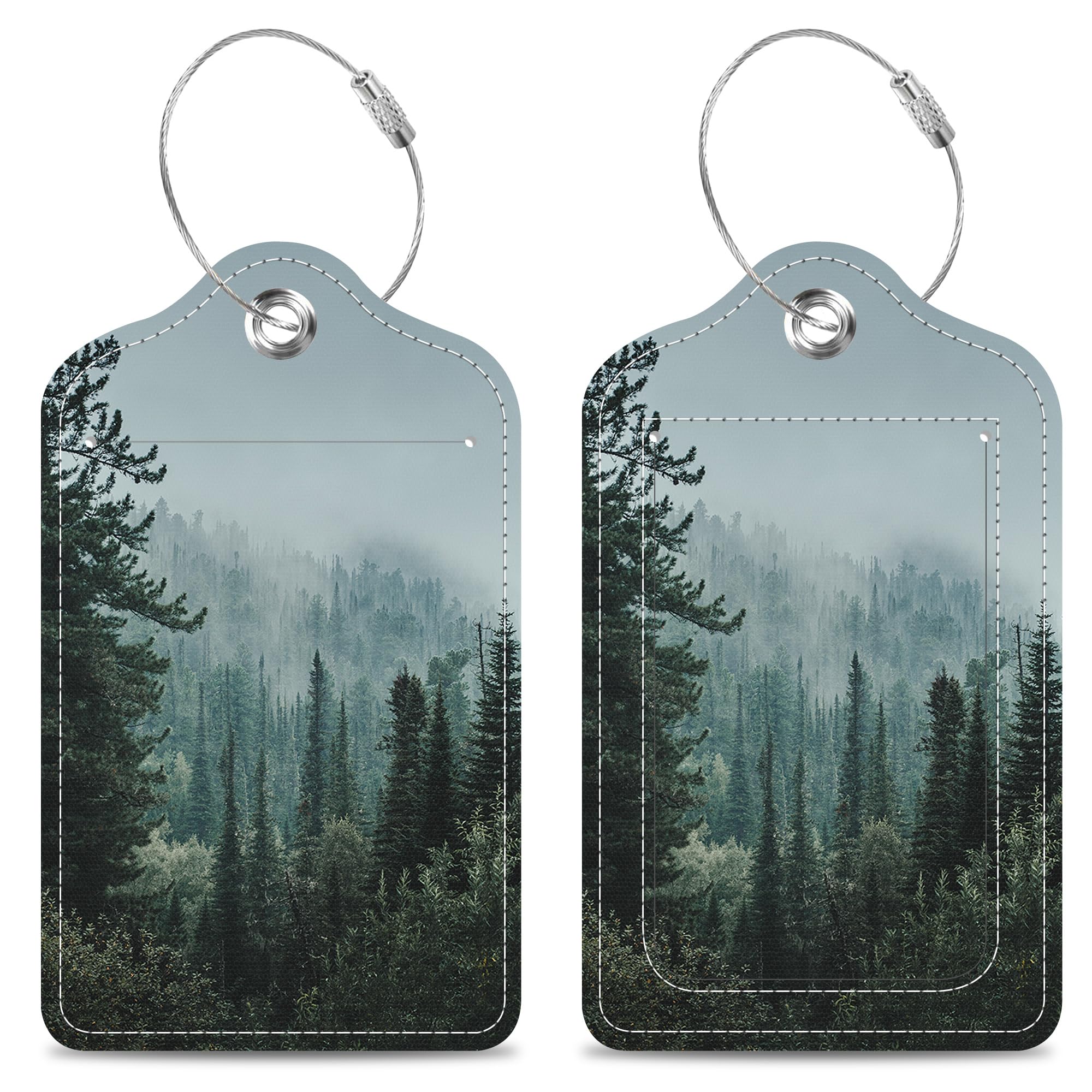 Misty Valley and Dark Forest Luggage Tags 2PCS PU Leather Suitcases Tag with Stainless Steel Loop and Privacy Name Address Cover Label Card for Women