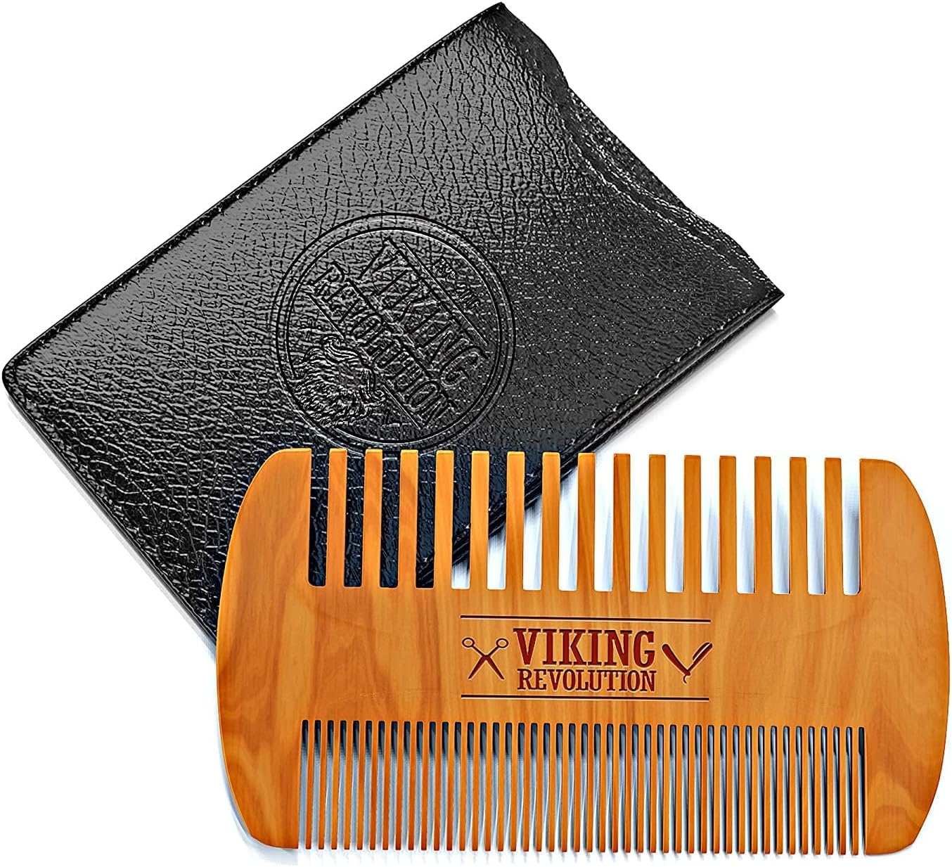 Wooden Beard Comb & Case, Dual Action Fine & Coarse Teeth, Perfect for use with Balms and Oils, Top Pocket Comb for Beards & Mustaches by Viking Revolution