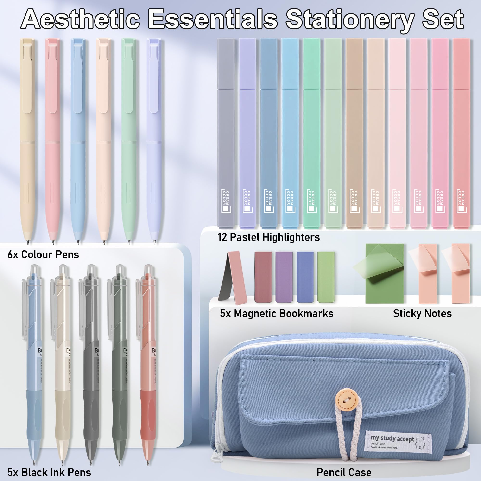 COZCLAM 32pcs Aesthetic Stationery Supplies with Blue Pen Case, 12 Pastel Highlighters, 6 Colour Pens, 5 Black Pens - Image 2