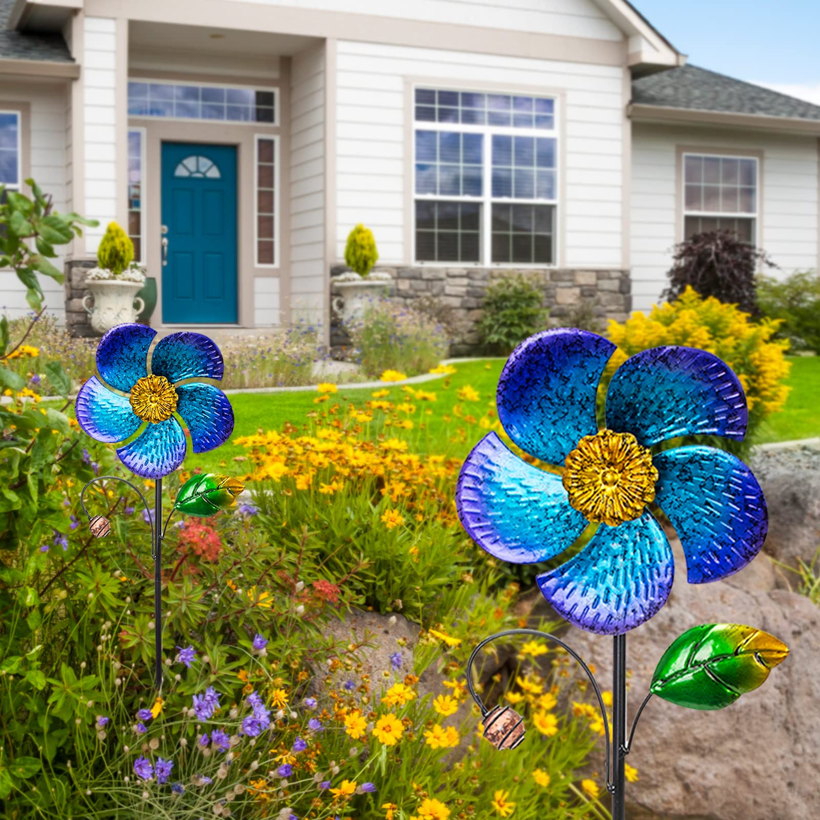 Viveta Paquete de 2 molinillos de viento con estaca de metal, 28.7 pulgadas, molinillos de jardín al aire libre, diseño en forma de flor azul para decoración de patio, césped, patio