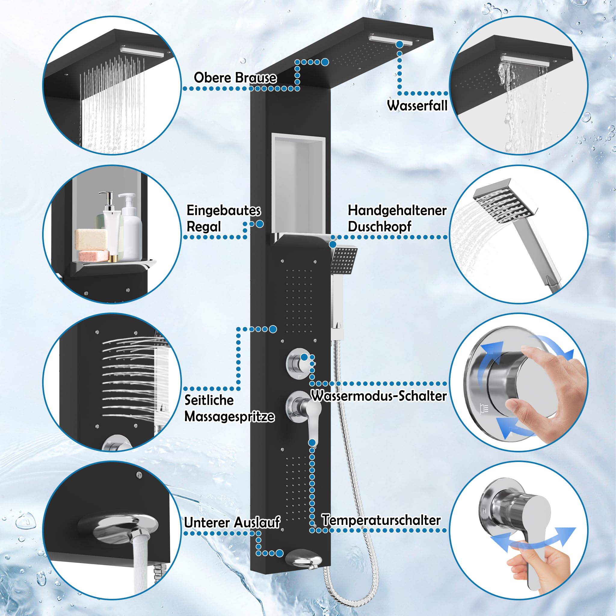 Froadp Panneau de douche en acier inoxydable - Système de douche à effet pluie - 5 fonctions - Montage mural - Avec douchette à main, douche à effet pluie, douche de massage, douche cascade - Kit
