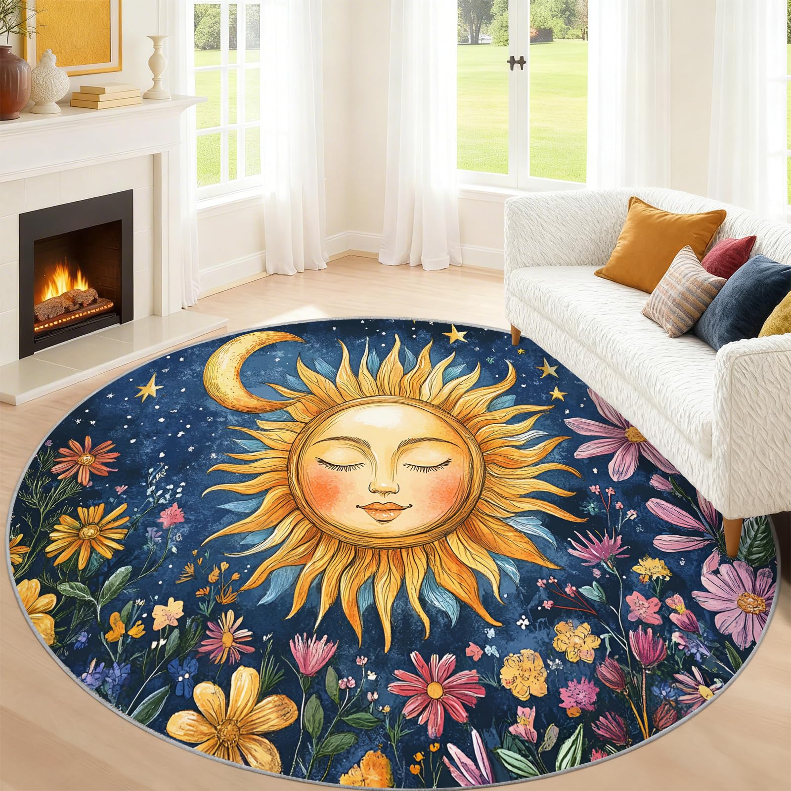 Sun Moon – Tapis rond à motif floral pour chambre à coucher, salon, œuvre d'art bohème pour enfants, tapis décoratif antidérapant, lavable, 1,5 m