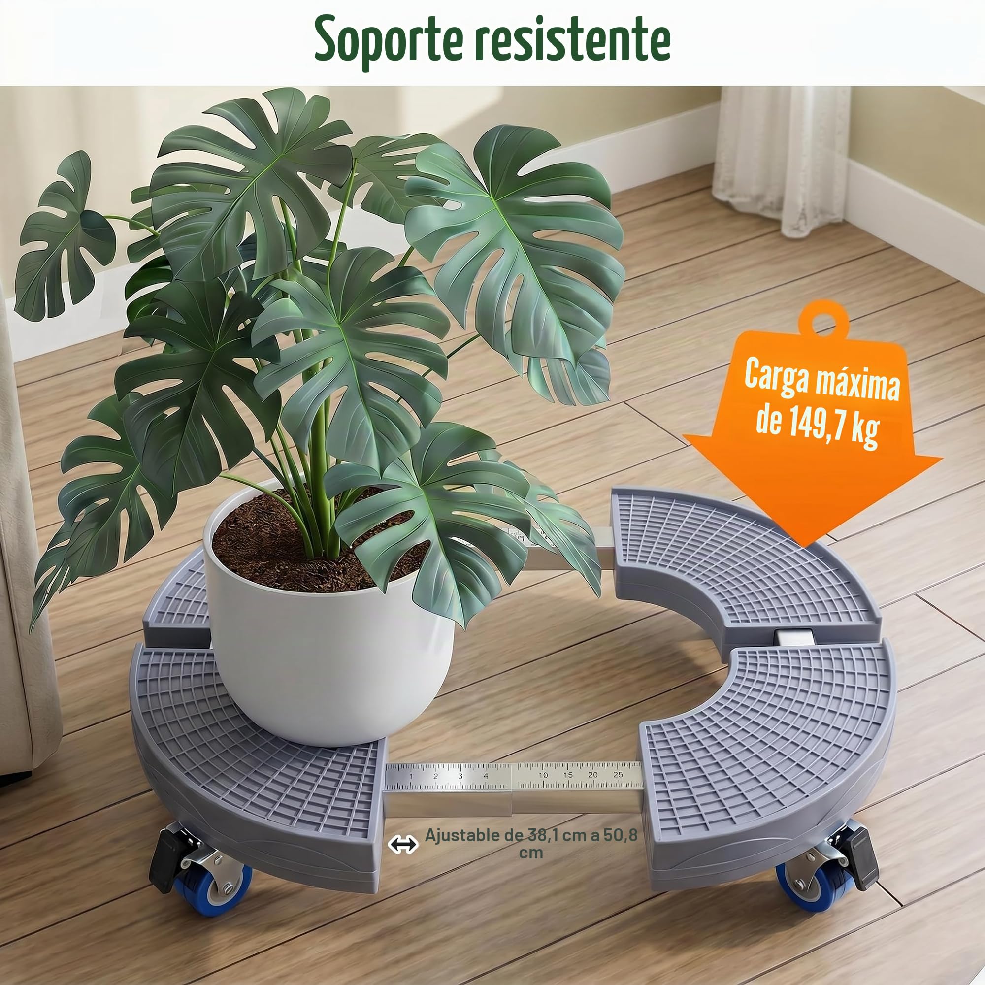K KASONIC Base Móvil para Macetas con 4 Ruedas, Capacidad 150KG, Soporte Rodante Ajustable 37-43cm para Maceteros Grandes de Interior y Exterior, Incluye 5m de Cintas para Plantas Desgarrables