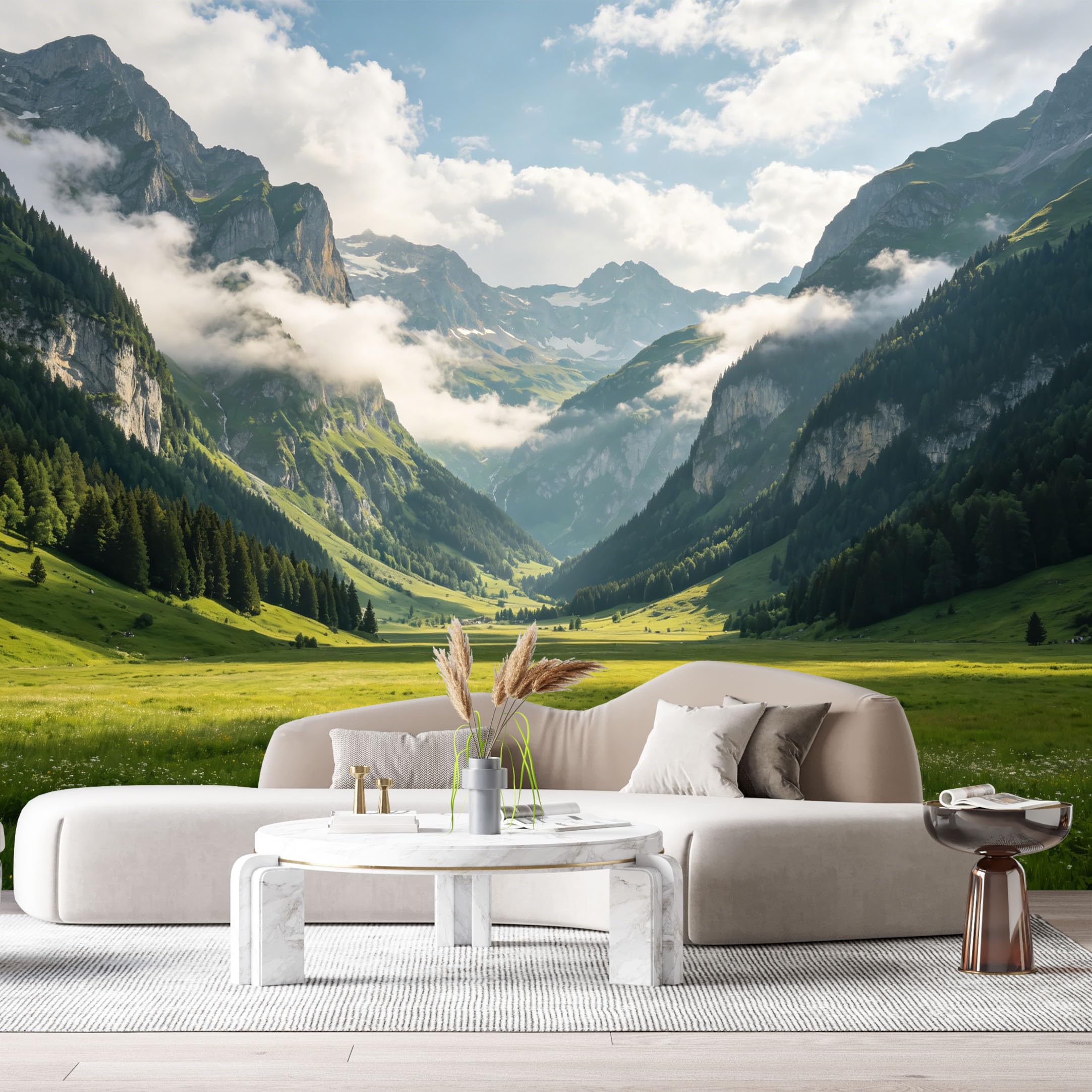 Custom Size Wall Murals Mountain Valley Landscape Misty Peaks Forest Meadow SelfAdhesive Wall Fabric Removable Large Wallpaper for Photo Living Room