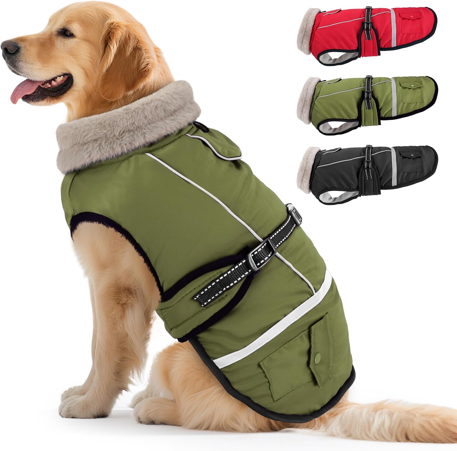 Dog Coat, Warm Dog Winter Coat Reflective Jacket Waterproof Fleece Vest, Pet Jacket Cozy for Cold Weather, Dogs Snowsuit Windproof, Adjustable Buckle for Large Dogs X-Large Green