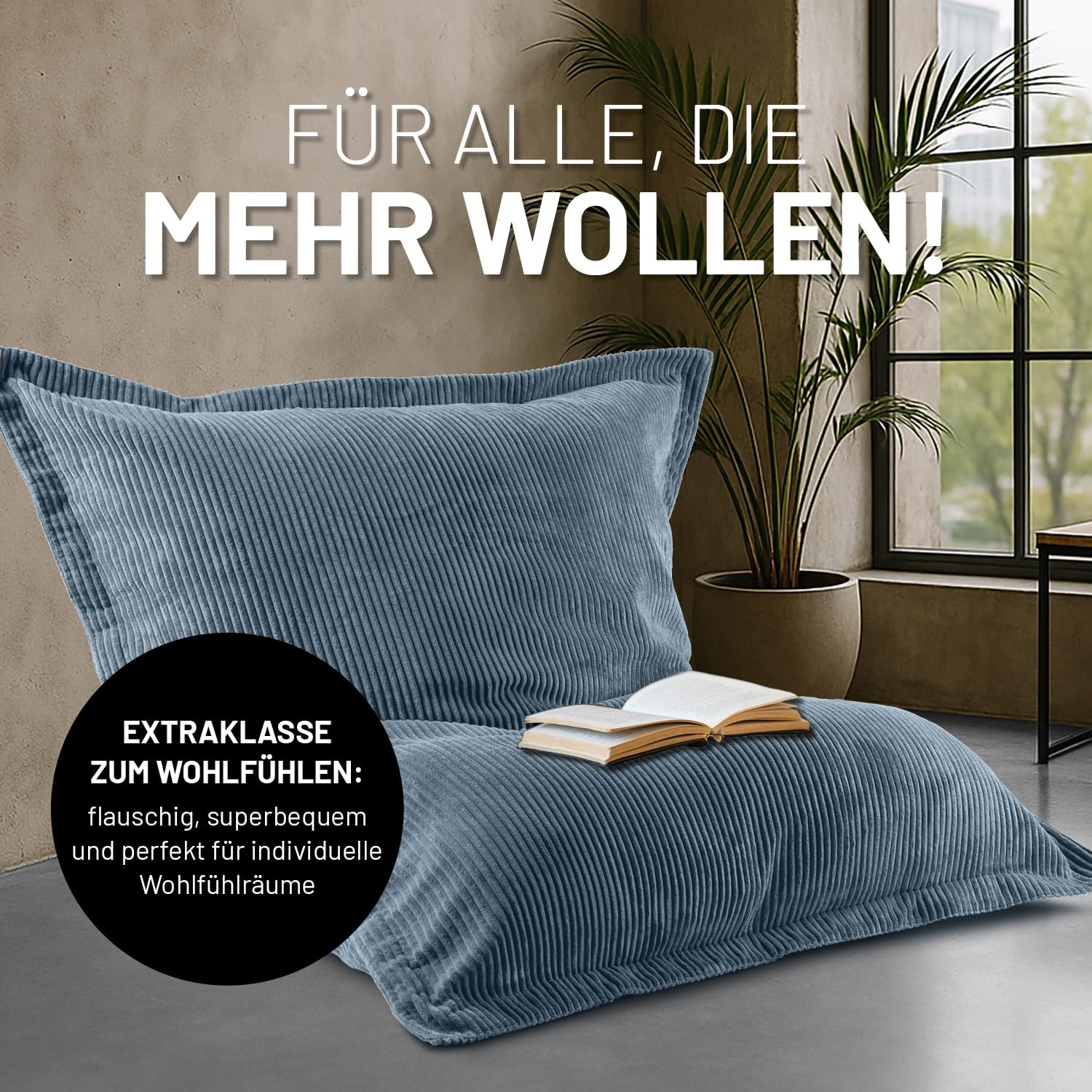 Lumaland Worek do siedzenia Classic XXL Cord, ogromny worek do siedzenia XXL, o miękkiej żebrowanej strukturze, idealny do sofy i foteli sztruksowych, do salonu, sypialni itp. – 380 l, 140 x 180 cm