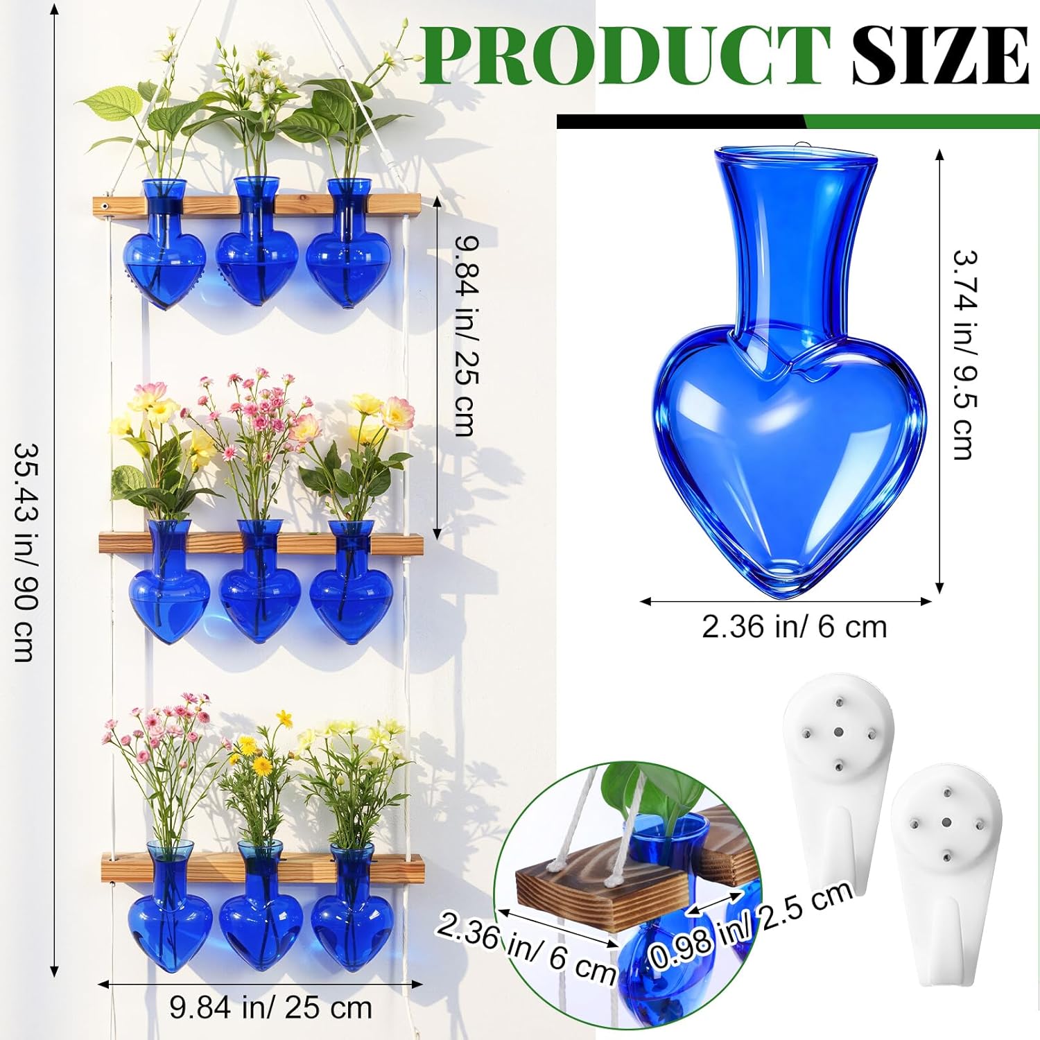 Leinuosen Wall Hanging Plant Propagation Stations Mother Gifts for Her Plant Lovers 3 Tiered 9 Heart Shaped Glass Vases Terrarium with Wooden Stand for Hydroponics Indoor Garden Home Decor(Blue)