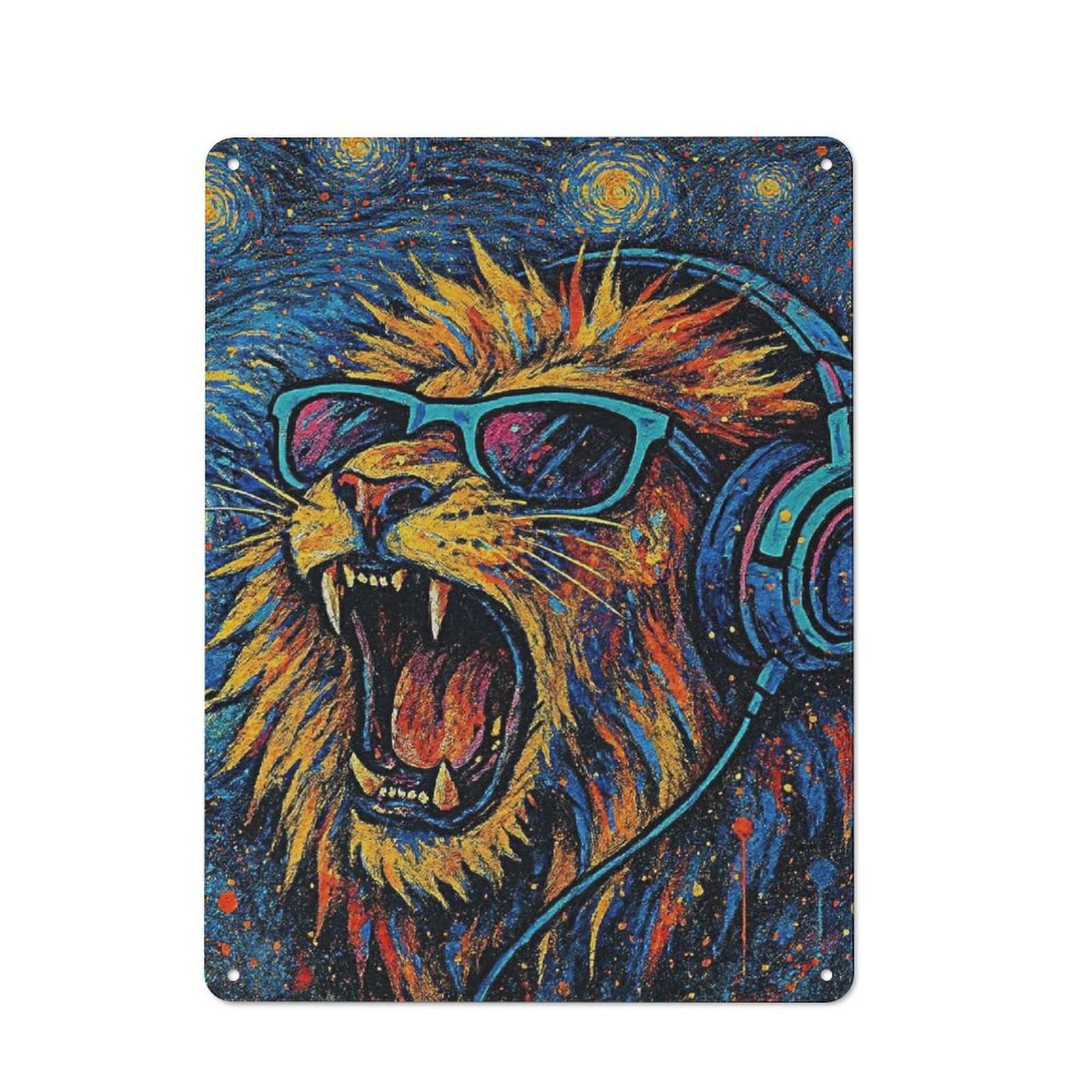 Understated Office Metal Sign 40x30cm Featuring Lion with Headphones And Sunglasses Art, Studio Wall Plaque for Office, Study, Studio Or Hallway